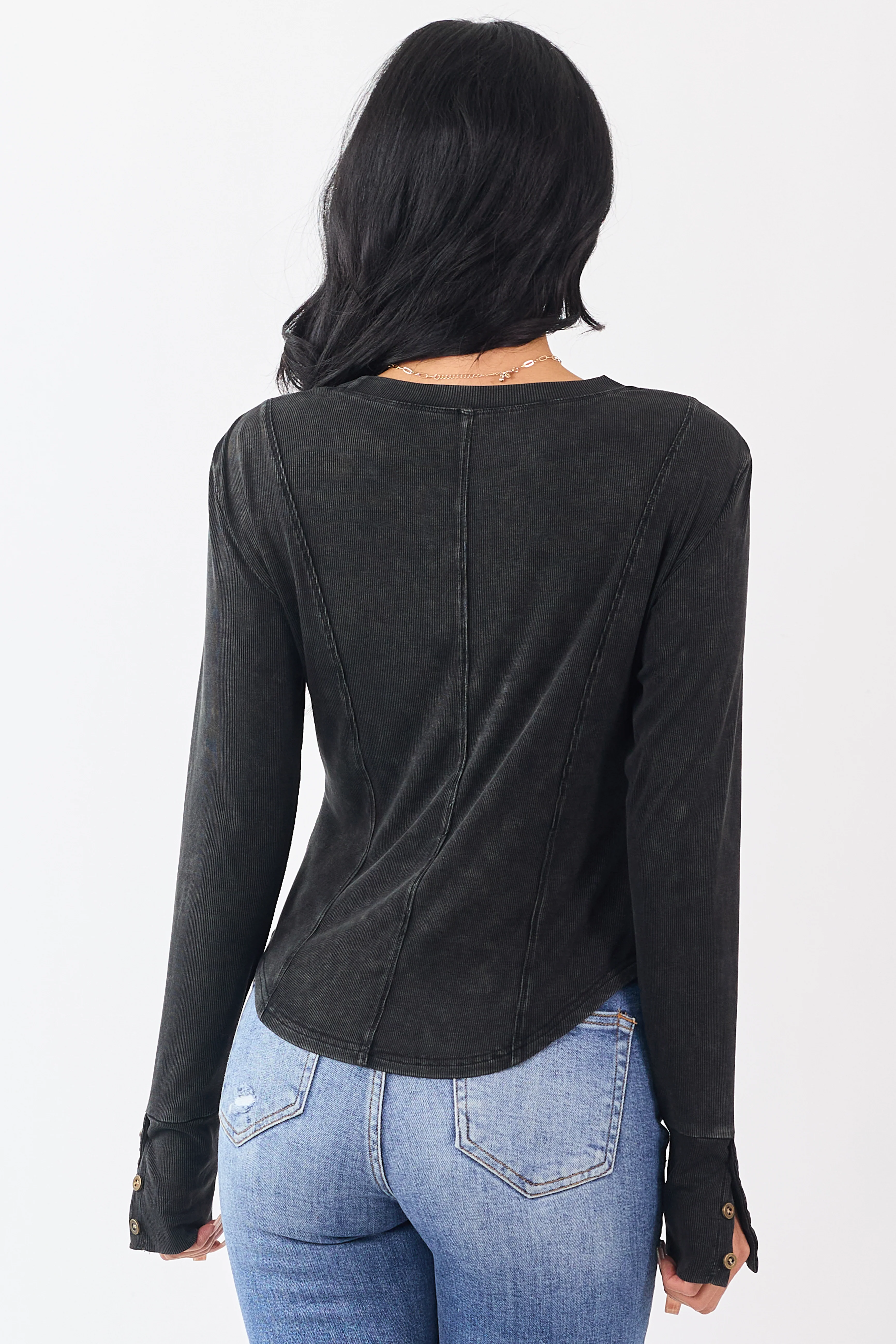 Washed Charcoal Ribbed Knit Long Sleeve Top - Image 6