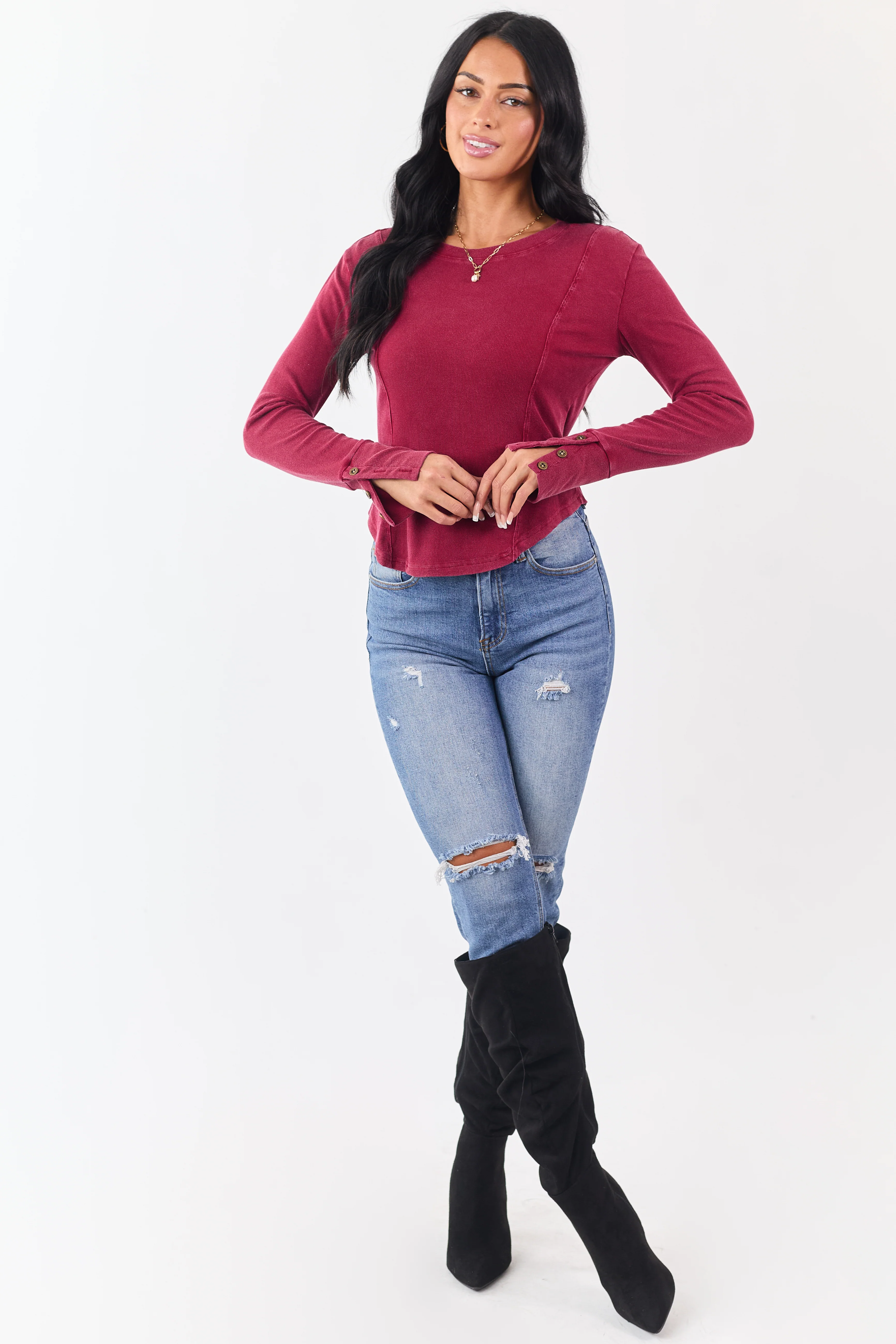 Washed Maroon Ribbed Knit Long Sleeve Top - Image 3