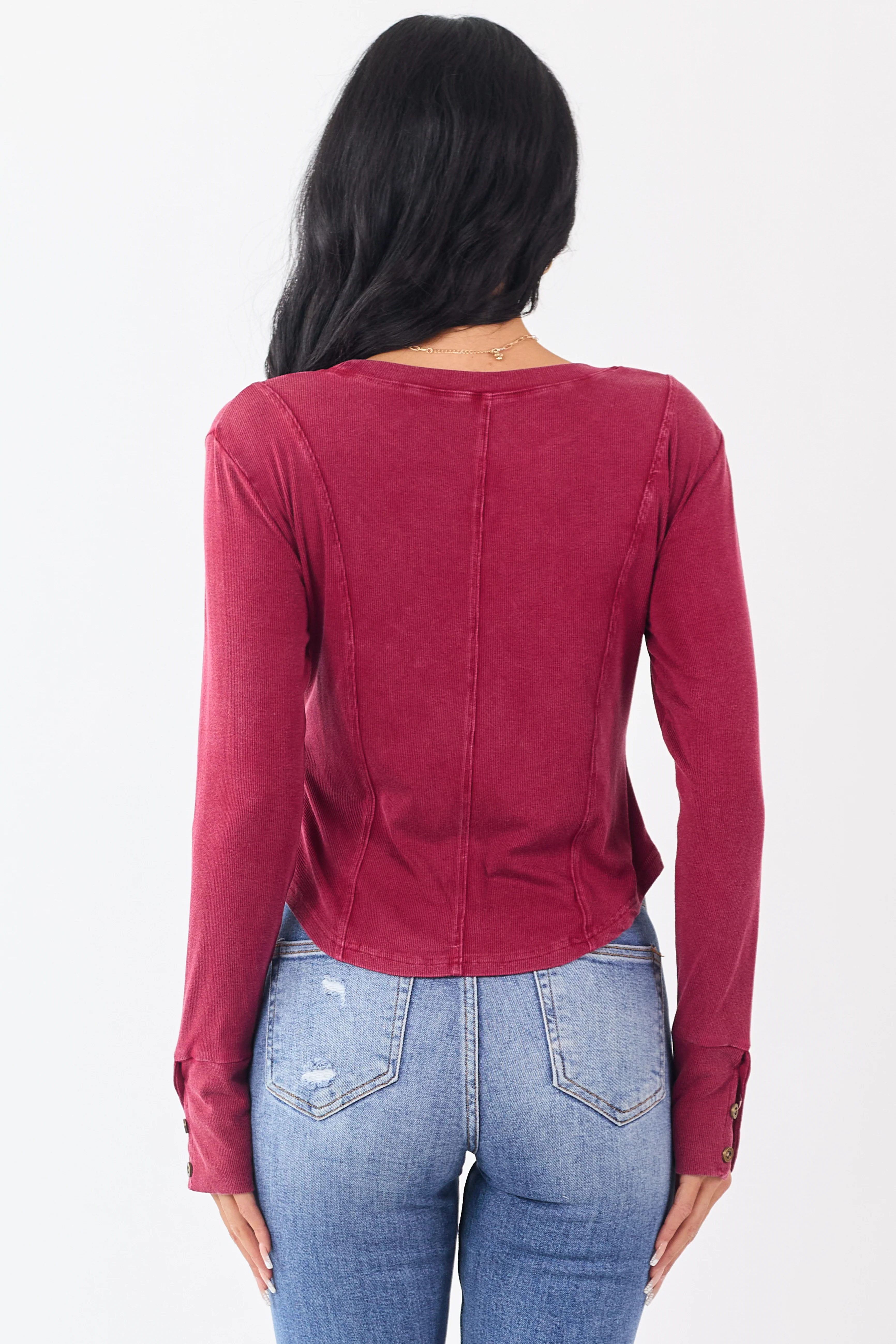 Washed Maroon Ribbed Knit Long Sleeve Top - Image 5