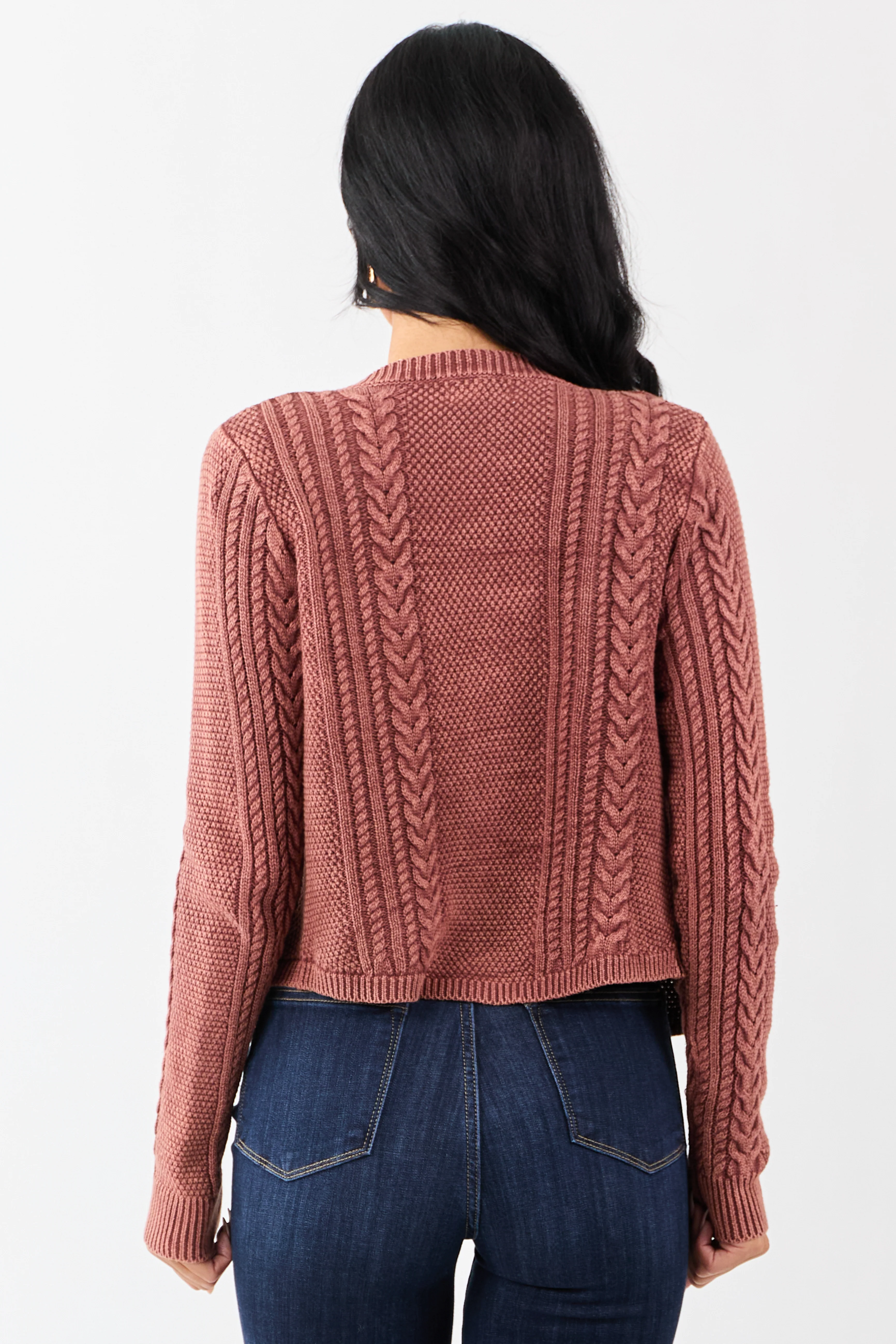 Washed Marsala Cable Knit Cotton Sweater Cardigan - Image 6
