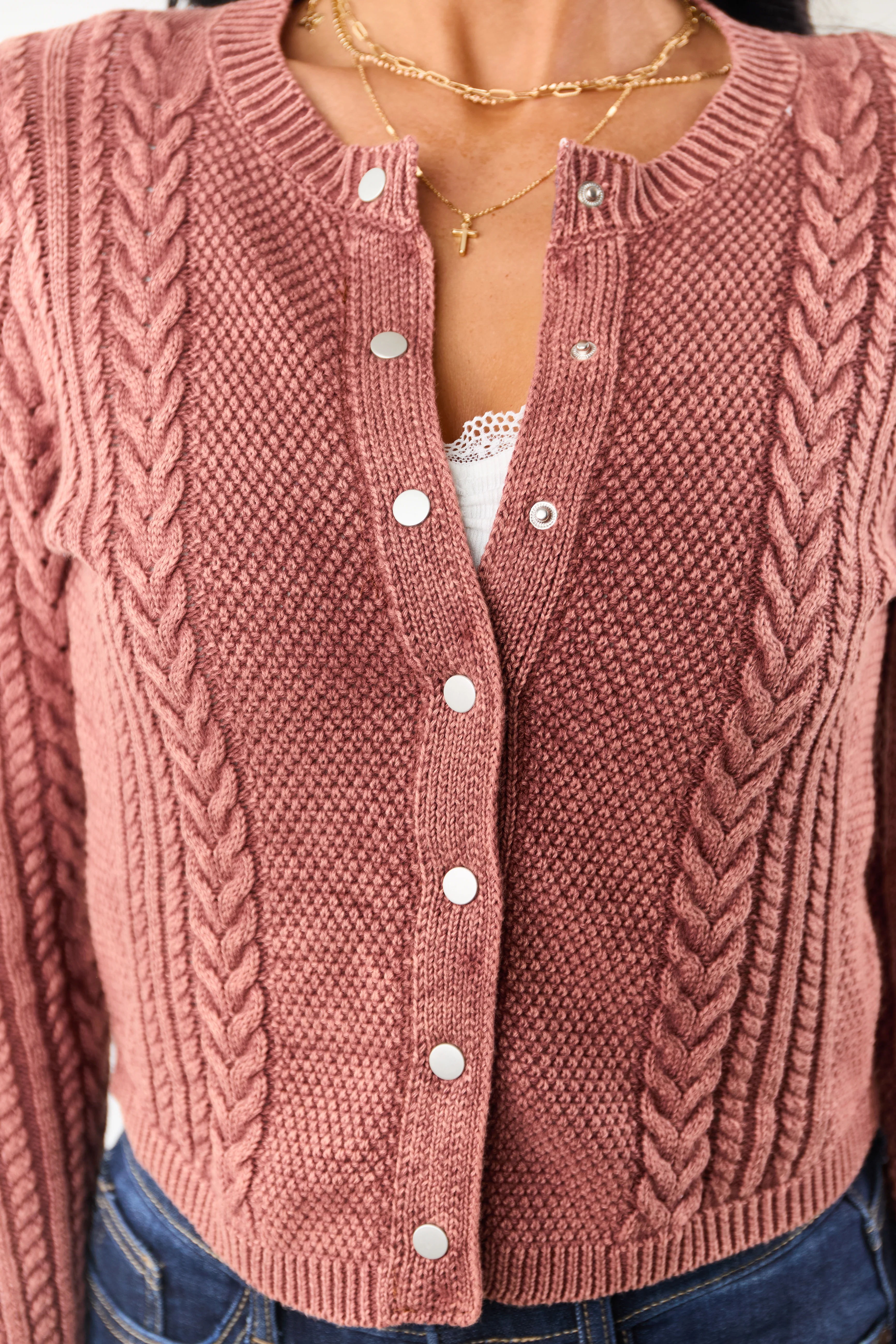 Washed Marsala Cable Knit Cotton Sweater Cardigan - Image 7