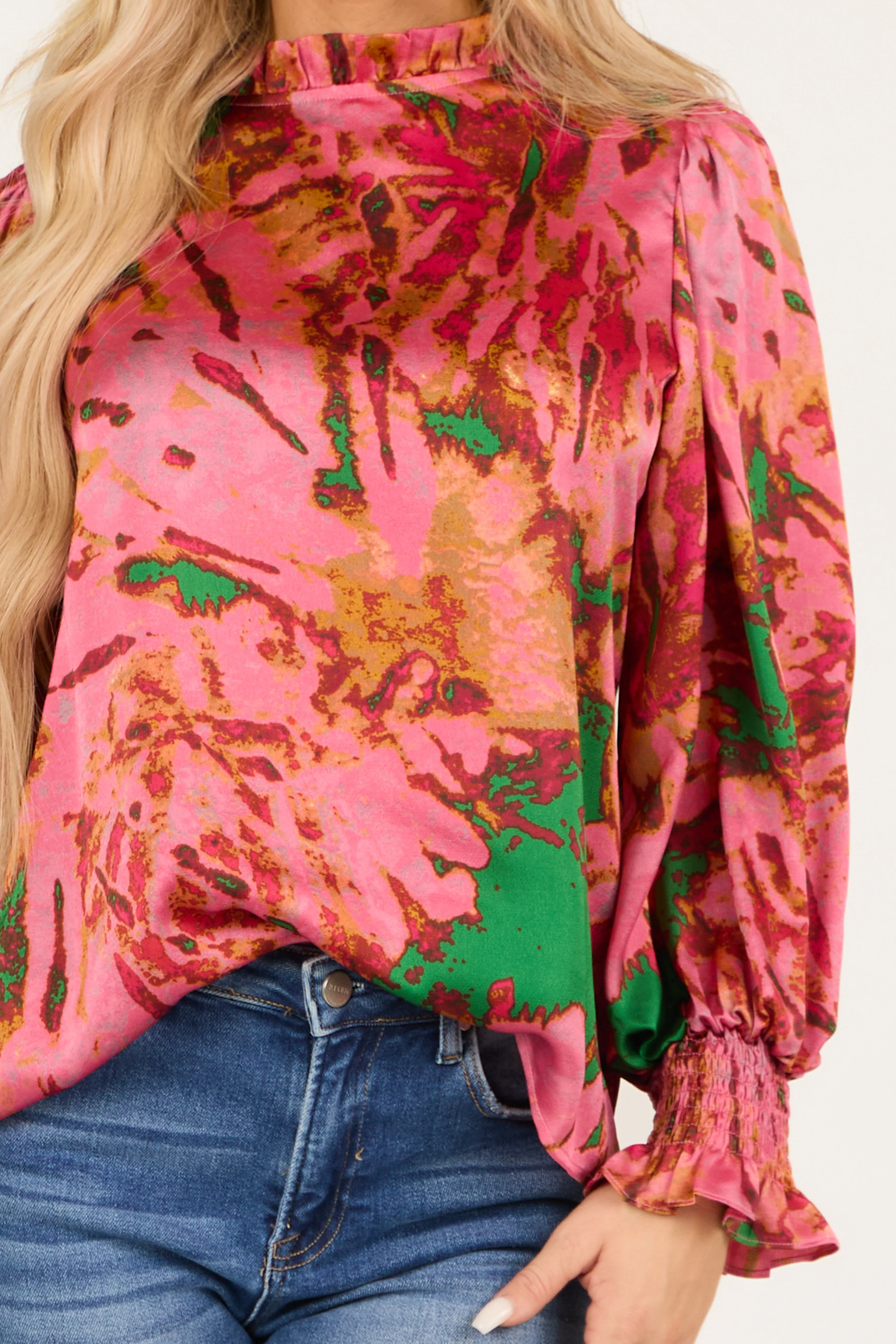 Watermelon Abstract Print Long Puff Sleeve Blouse - Image 6