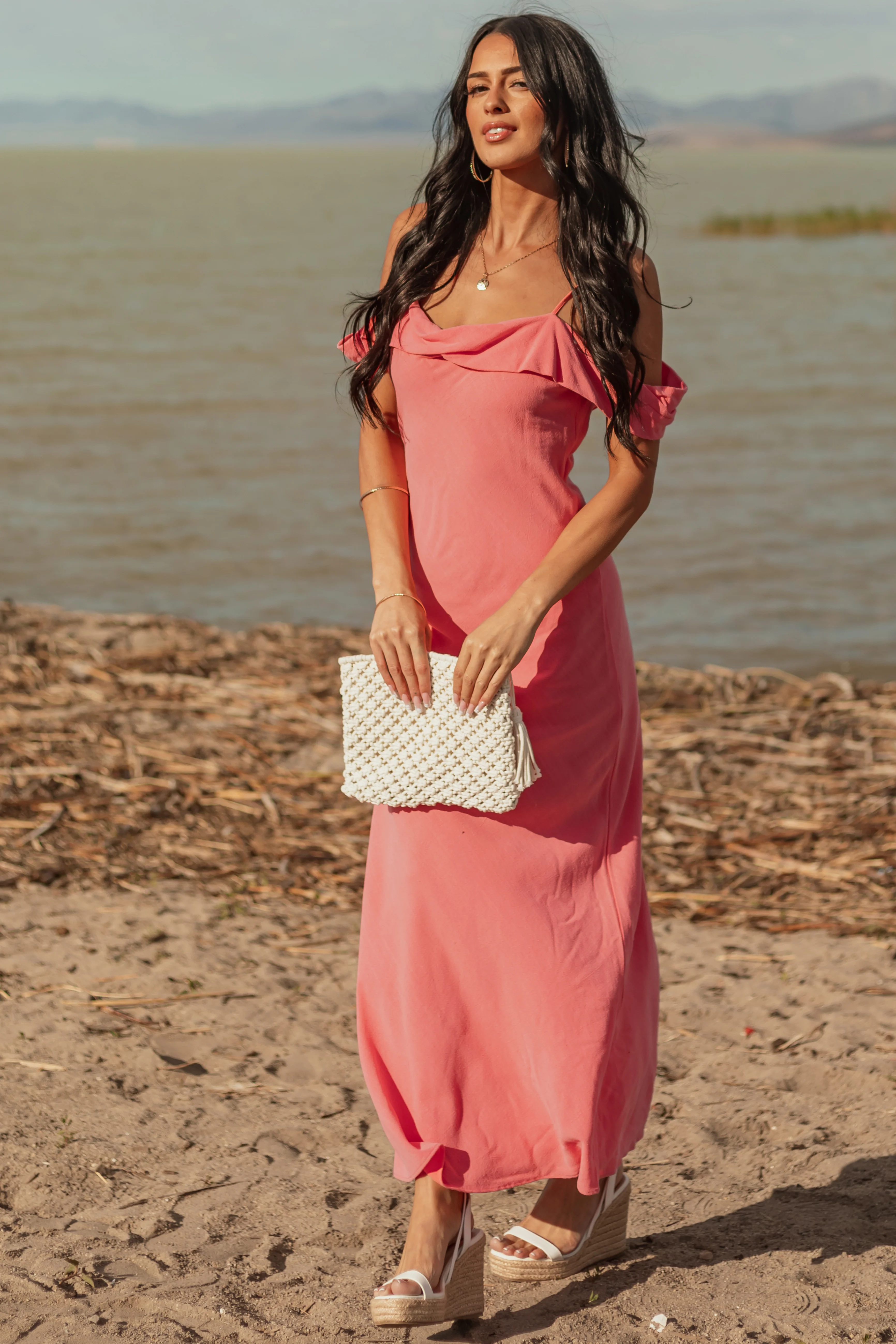 Watermelon Cold Shoulder Overlay Maxi Dress - Image 3