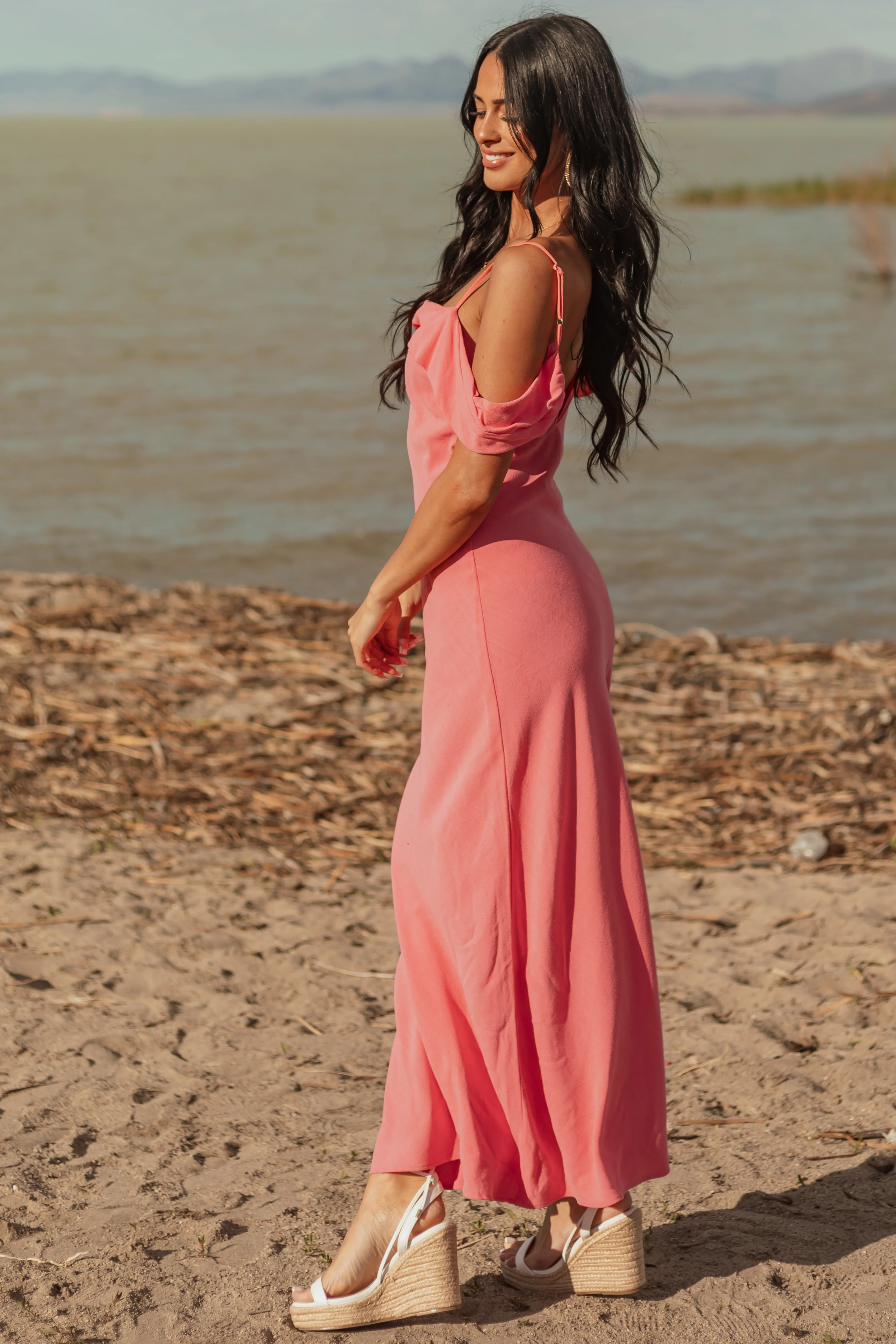 Watermelon Cold Shoulder Overlay Maxi Dress - Image 4