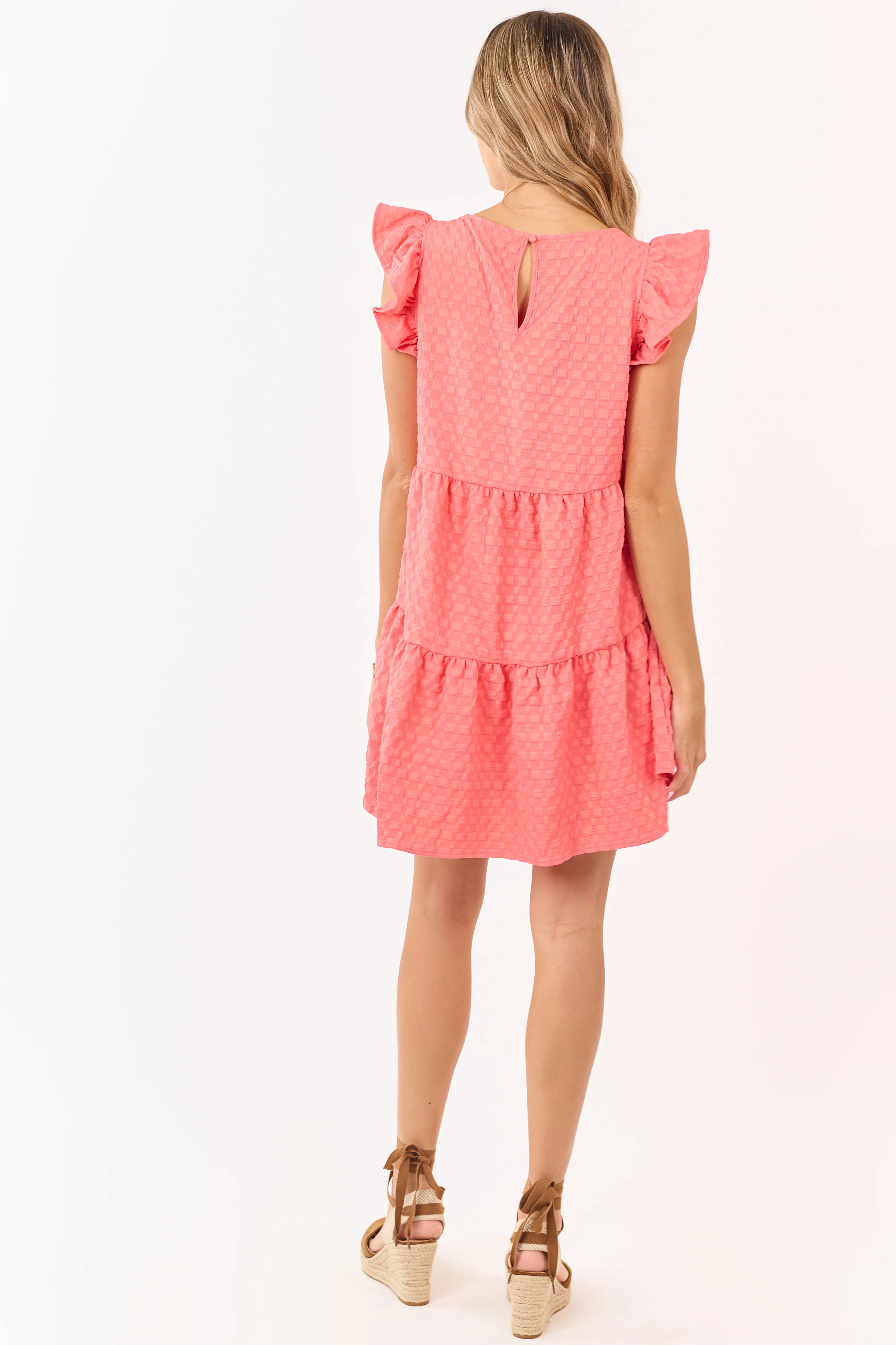 Watermelon Textured Checkered Cap Sleeve Mini Dress - Image 5