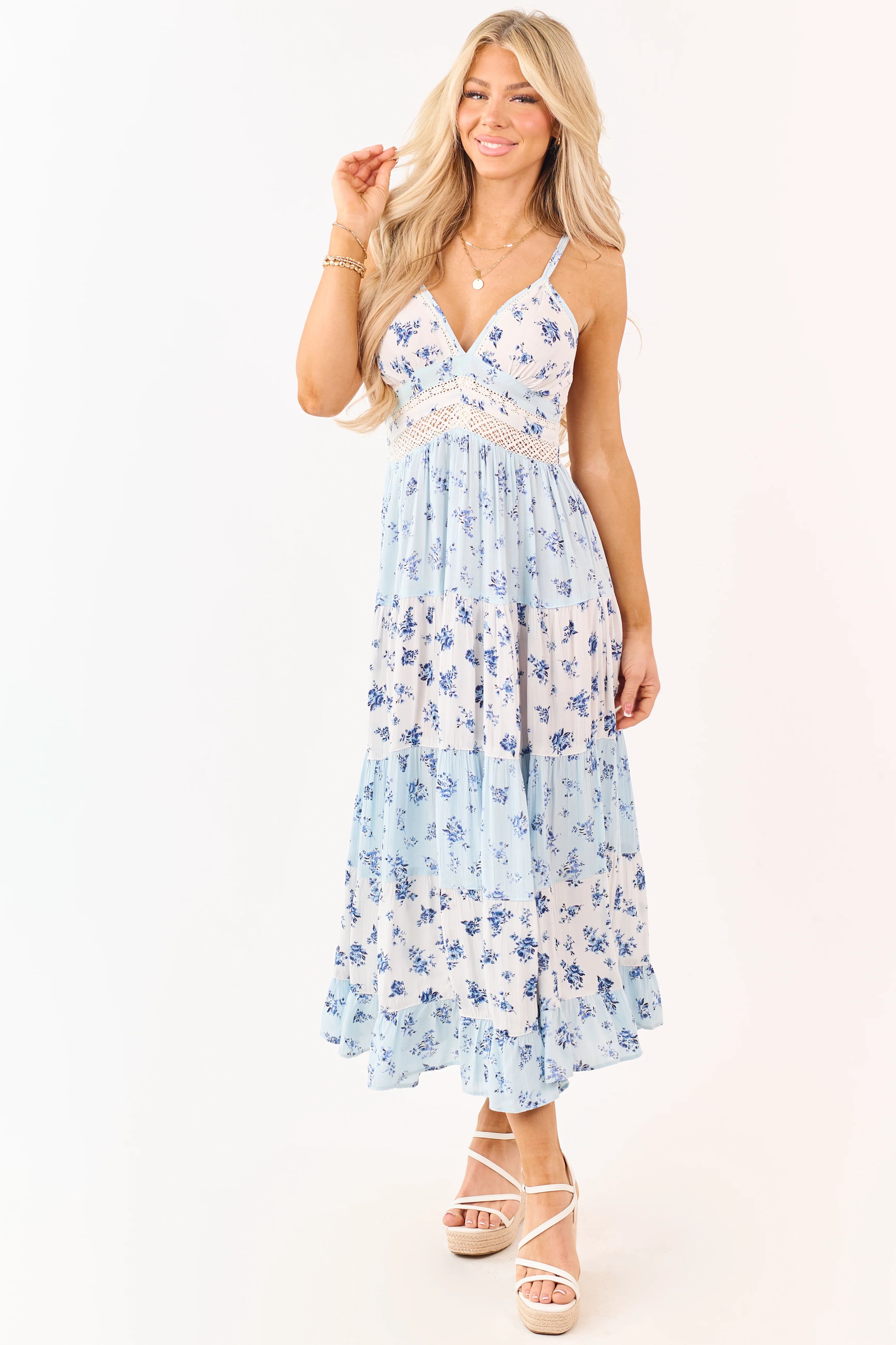 White and Baby Blue Floral Lace Trim Maxi Dress - Image 2