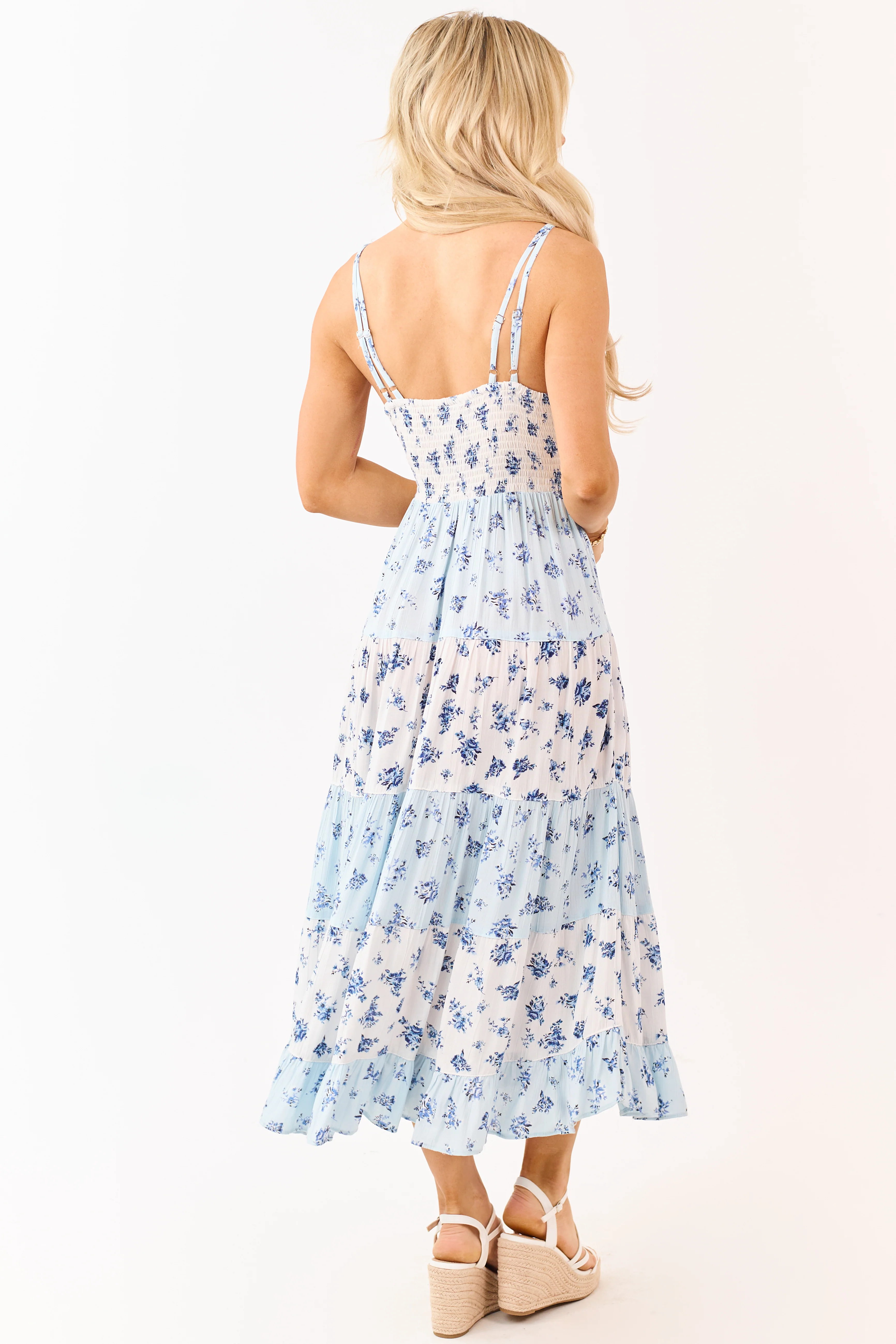 White and Baby Blue Floral Lace Trim Maxi Dress - Image 5