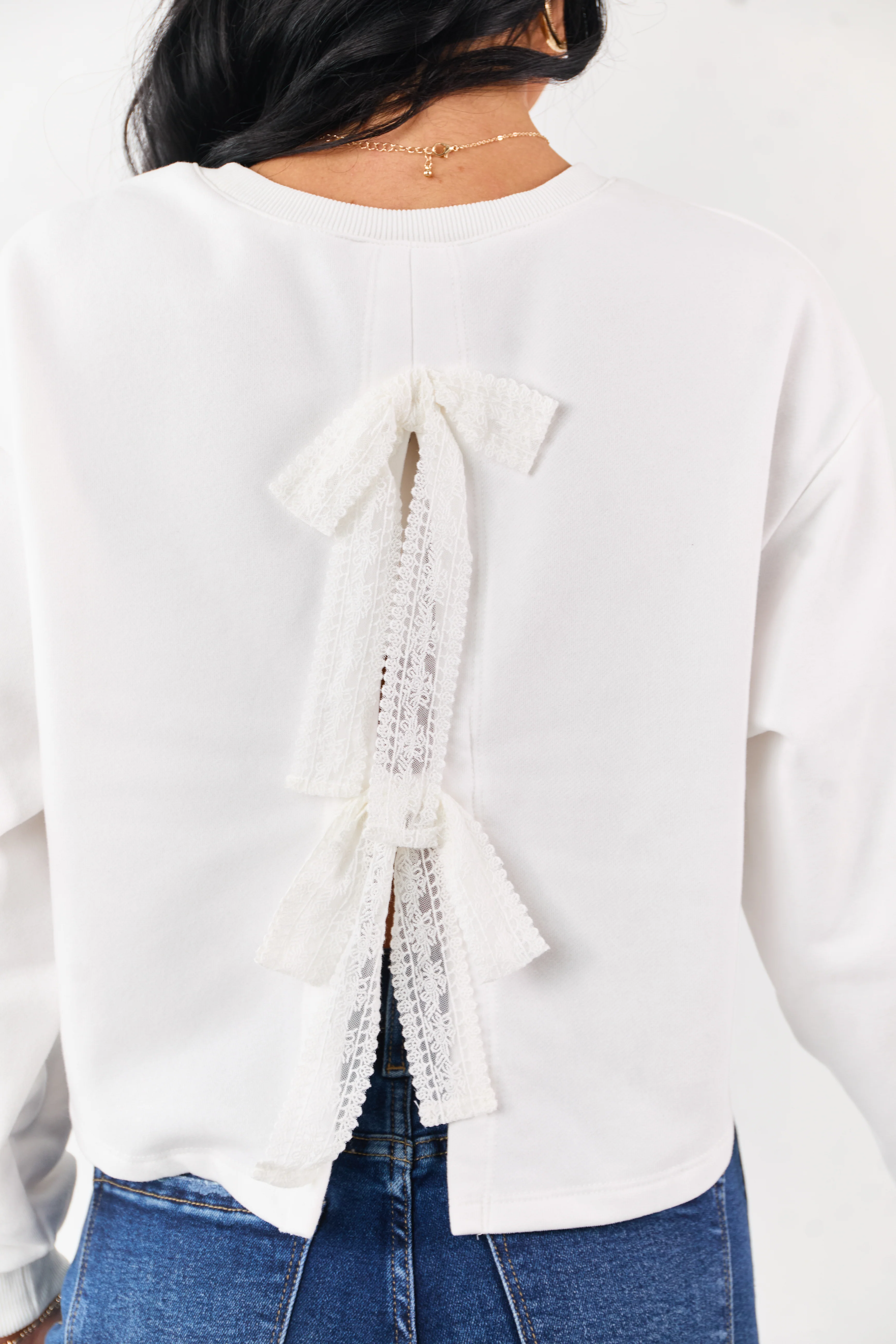 White Back Slit Lace Bow Boxy Sweatshirt Top - Image 2
