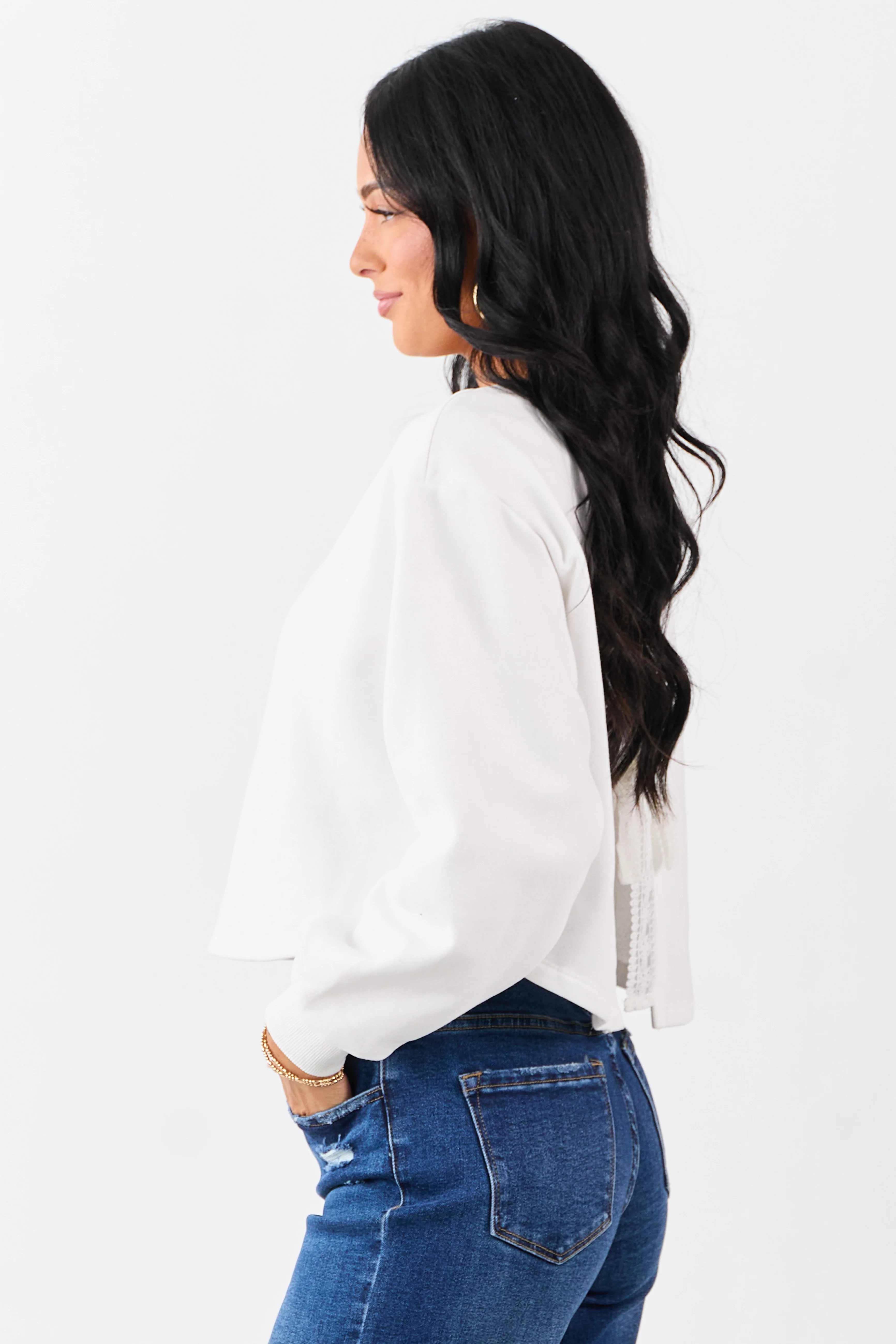 White Back Slit Lace Bow Boxy Sweatshirt Top - Image 7