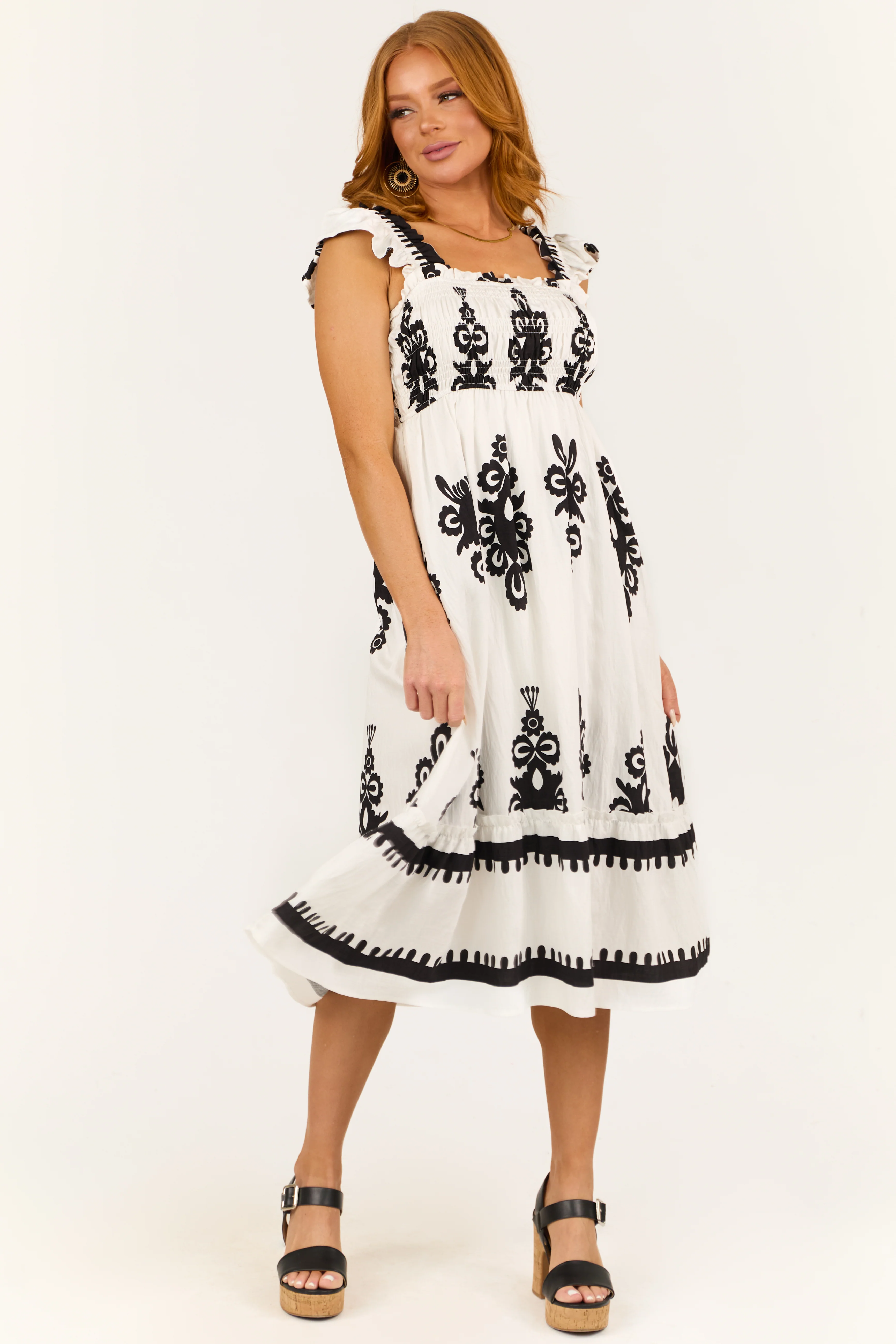 White and Black Abstract Print Smocked Midi Sun Dress - Image 2