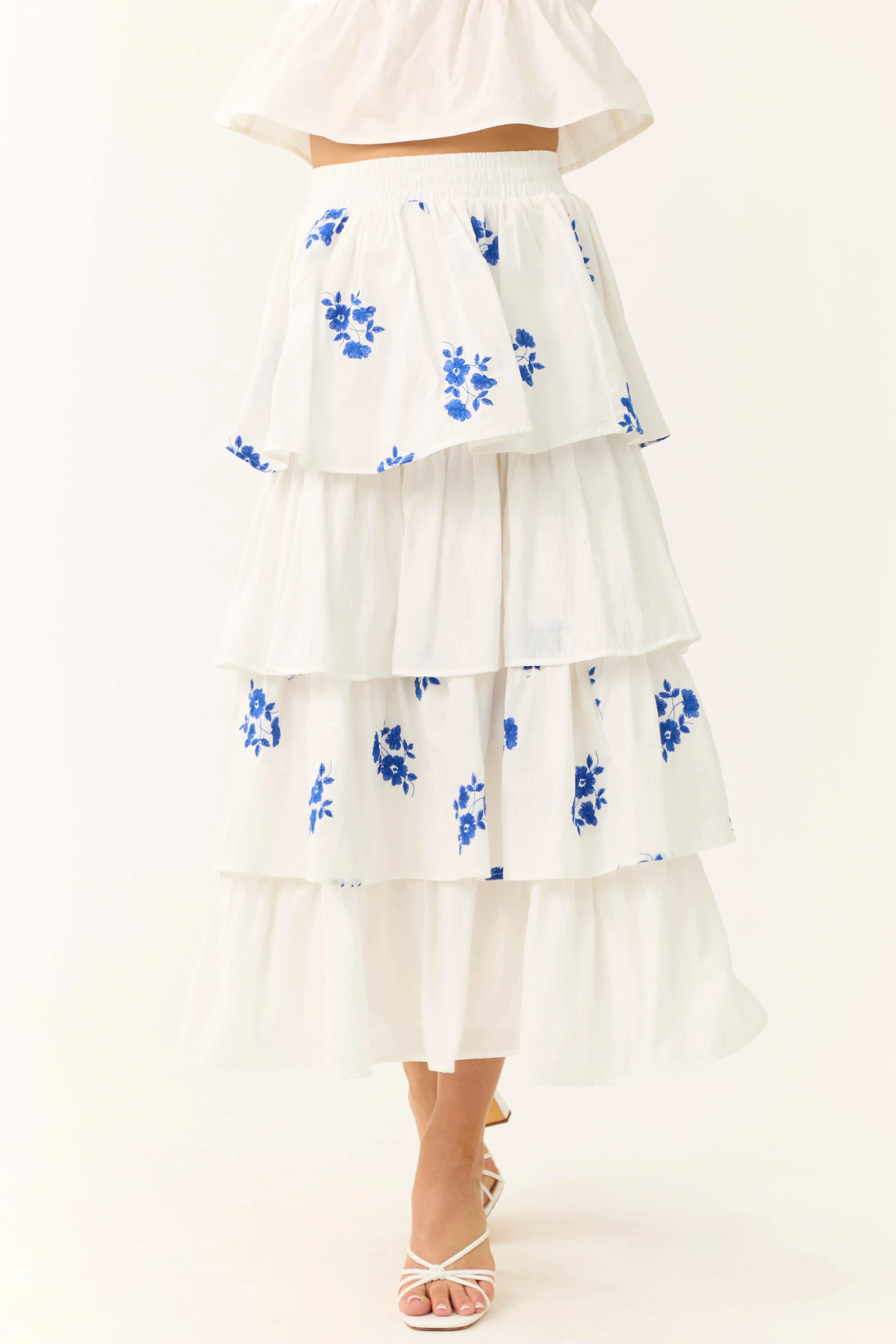 White and Cobalt Floral Embroidered Skirt - Image 2
