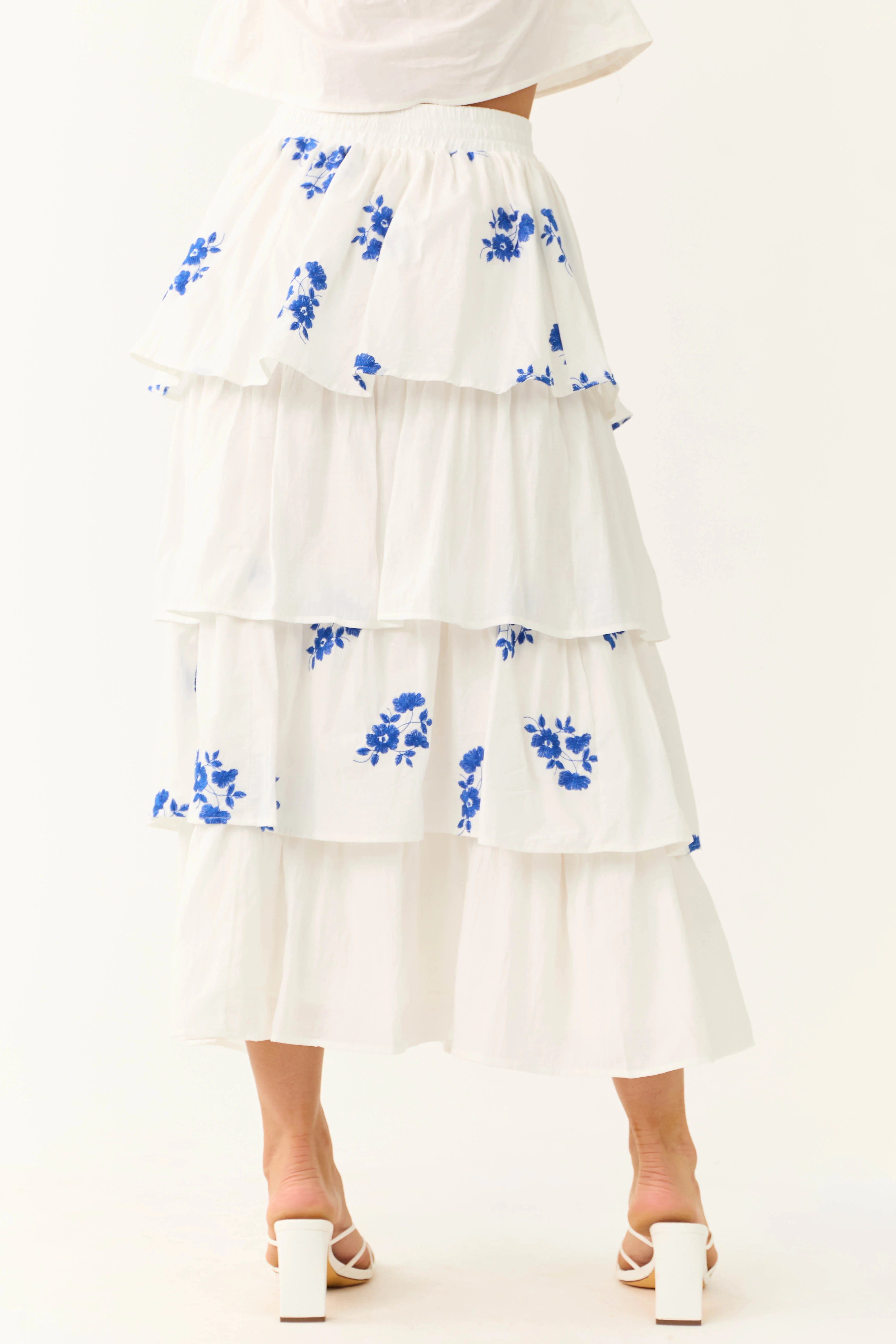 White and Cobalt Floral Embroidered Skirt - Image 4