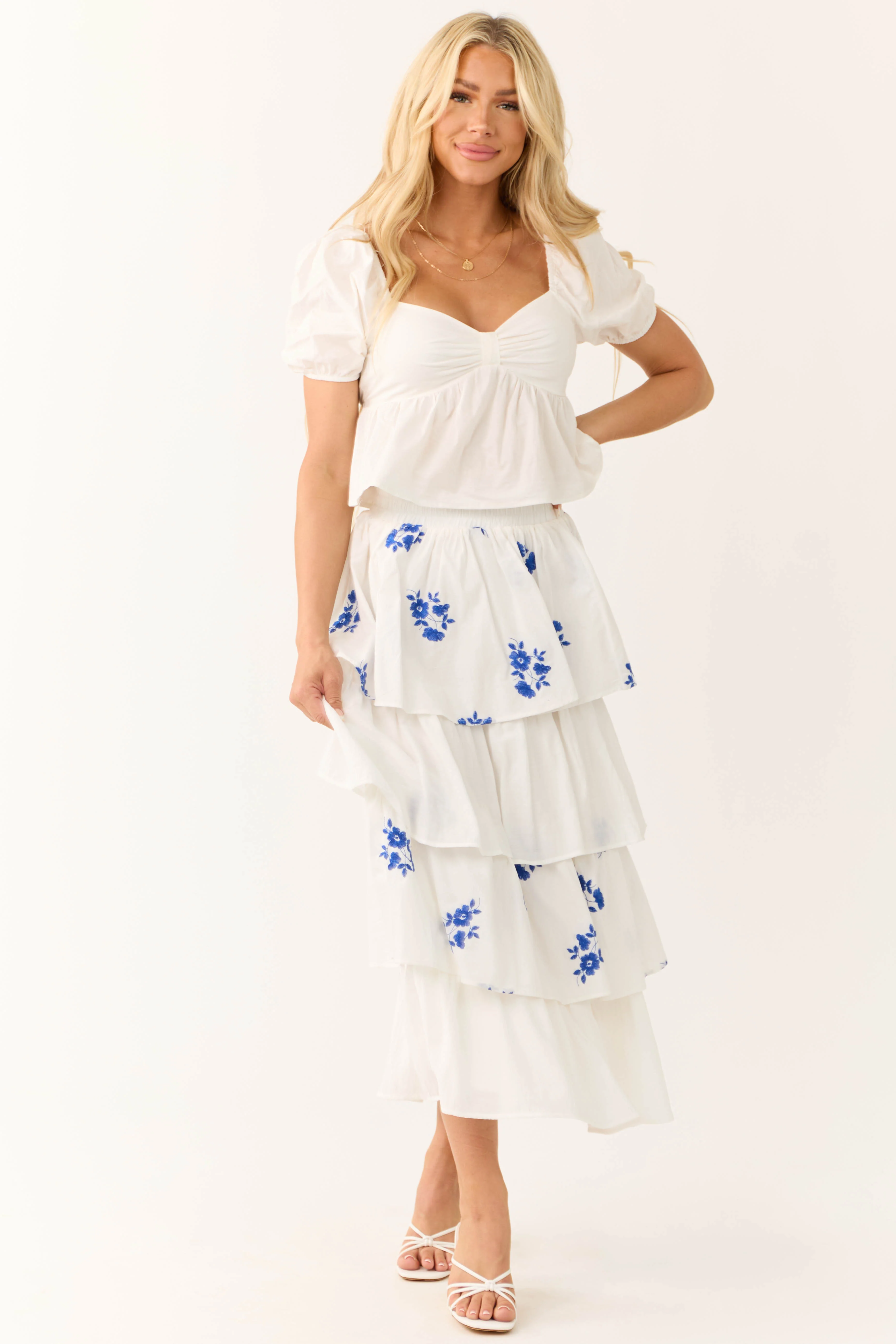 White and Cobalt Floral Embroidered Skirt - Image 5