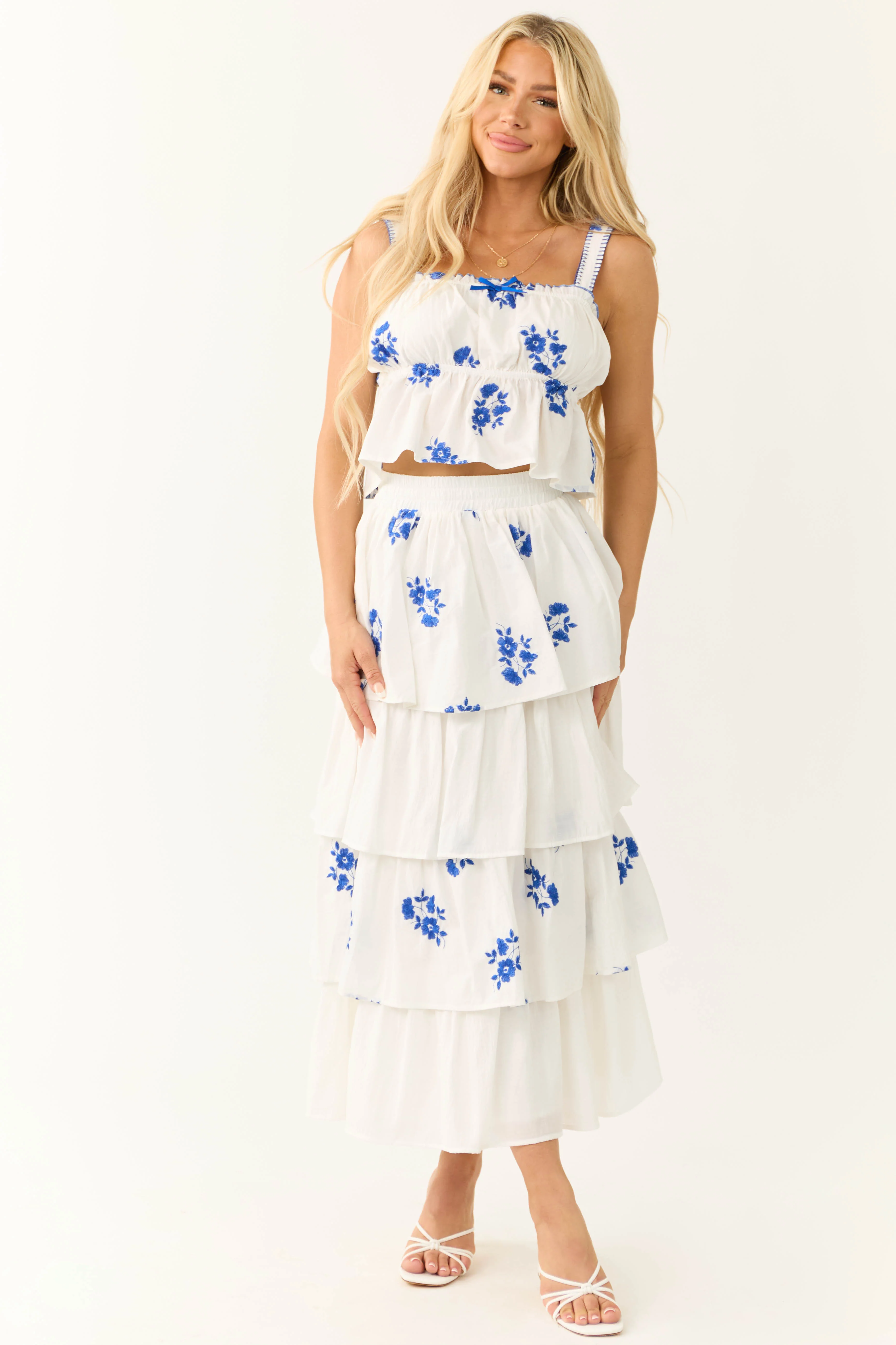 White and Cobalt Floral Embroidered Skirt - Image 6