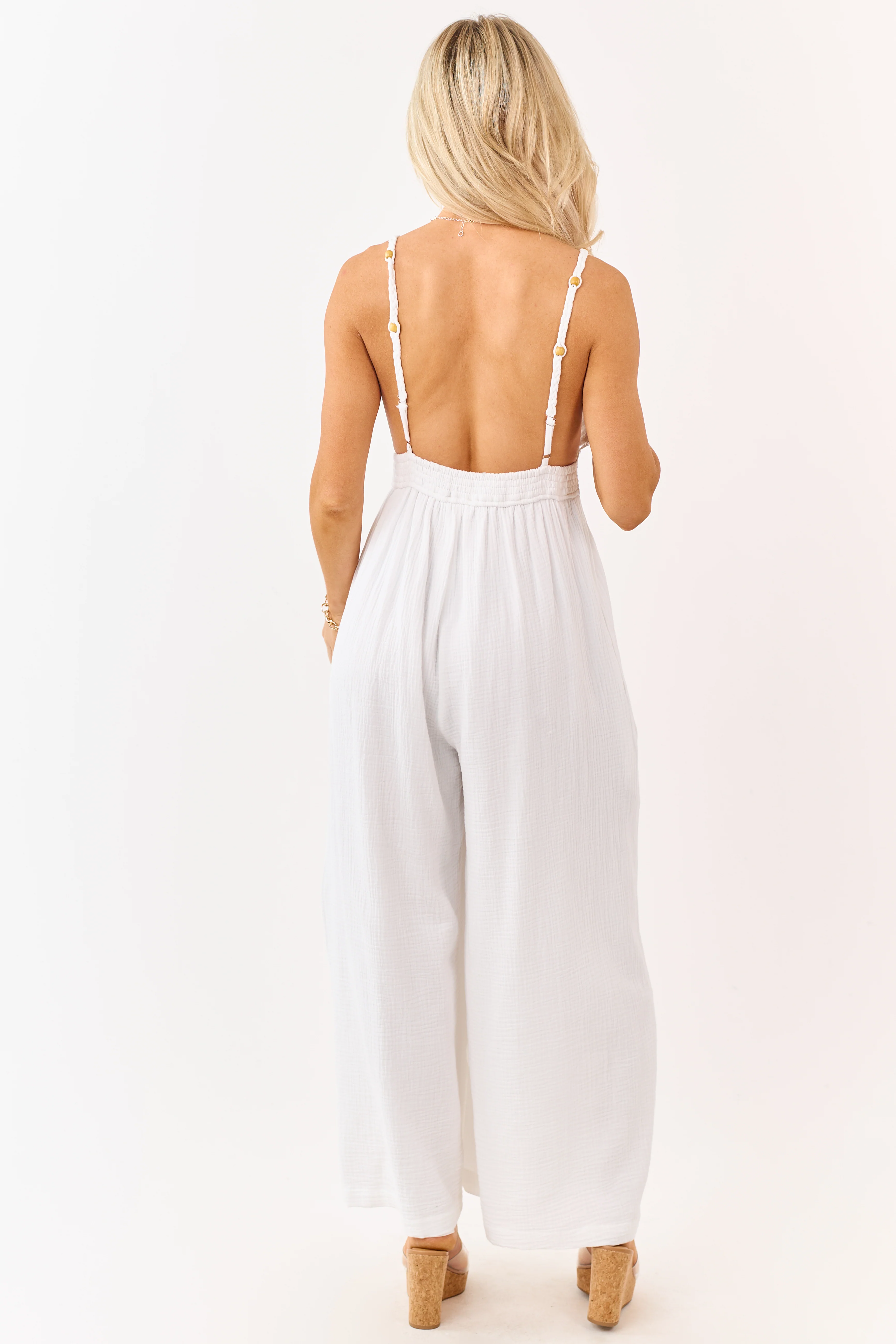 White Cotton Gauze Crochet Lace Sleeveless Jumpsuit - Image 6