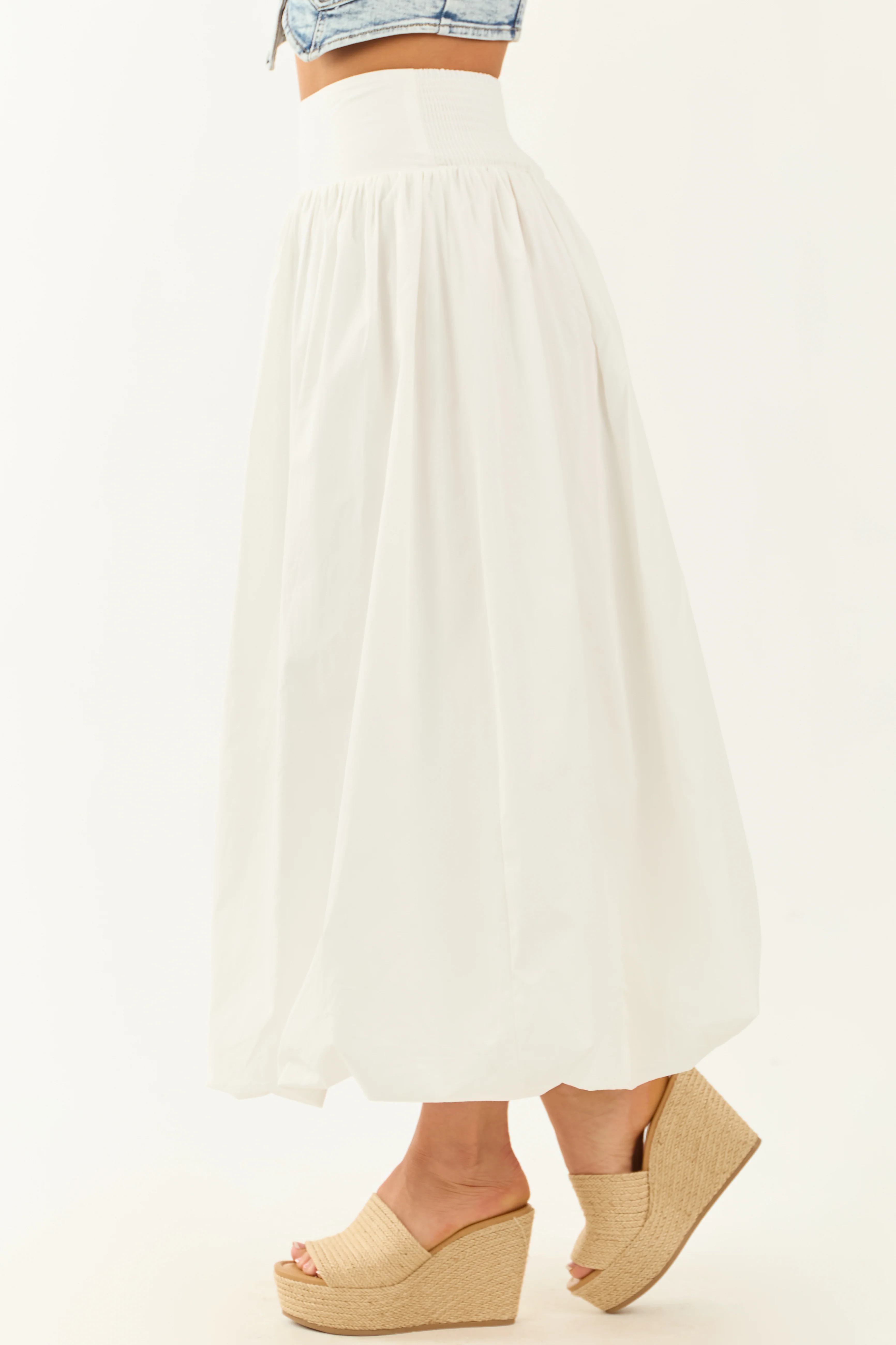 White Poplin Smocked Waist Bubble Hem Maxi Skirt - Image 3