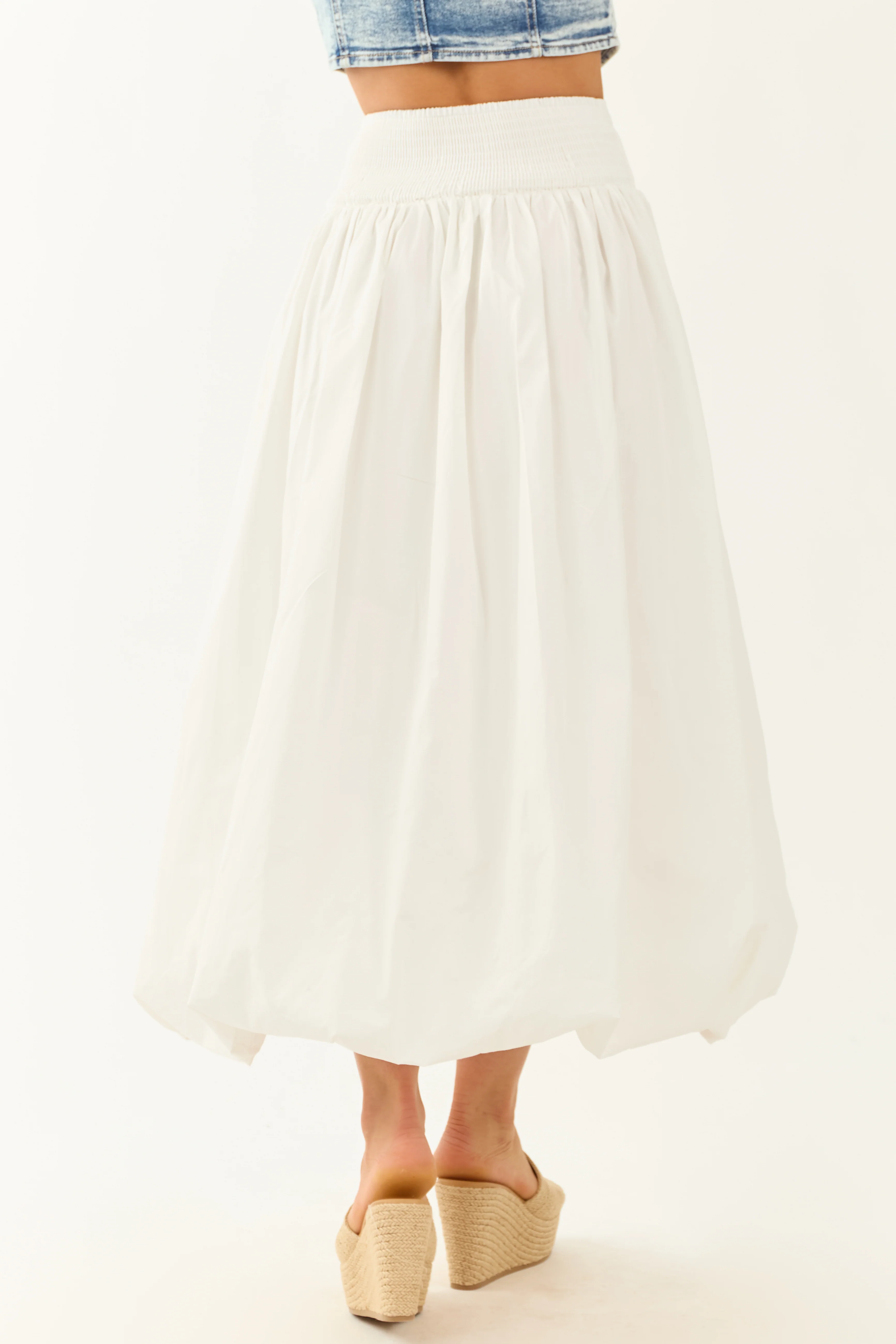 White Poplin Smocked Waist Bubble Hem Maxi Skirt - Image 4