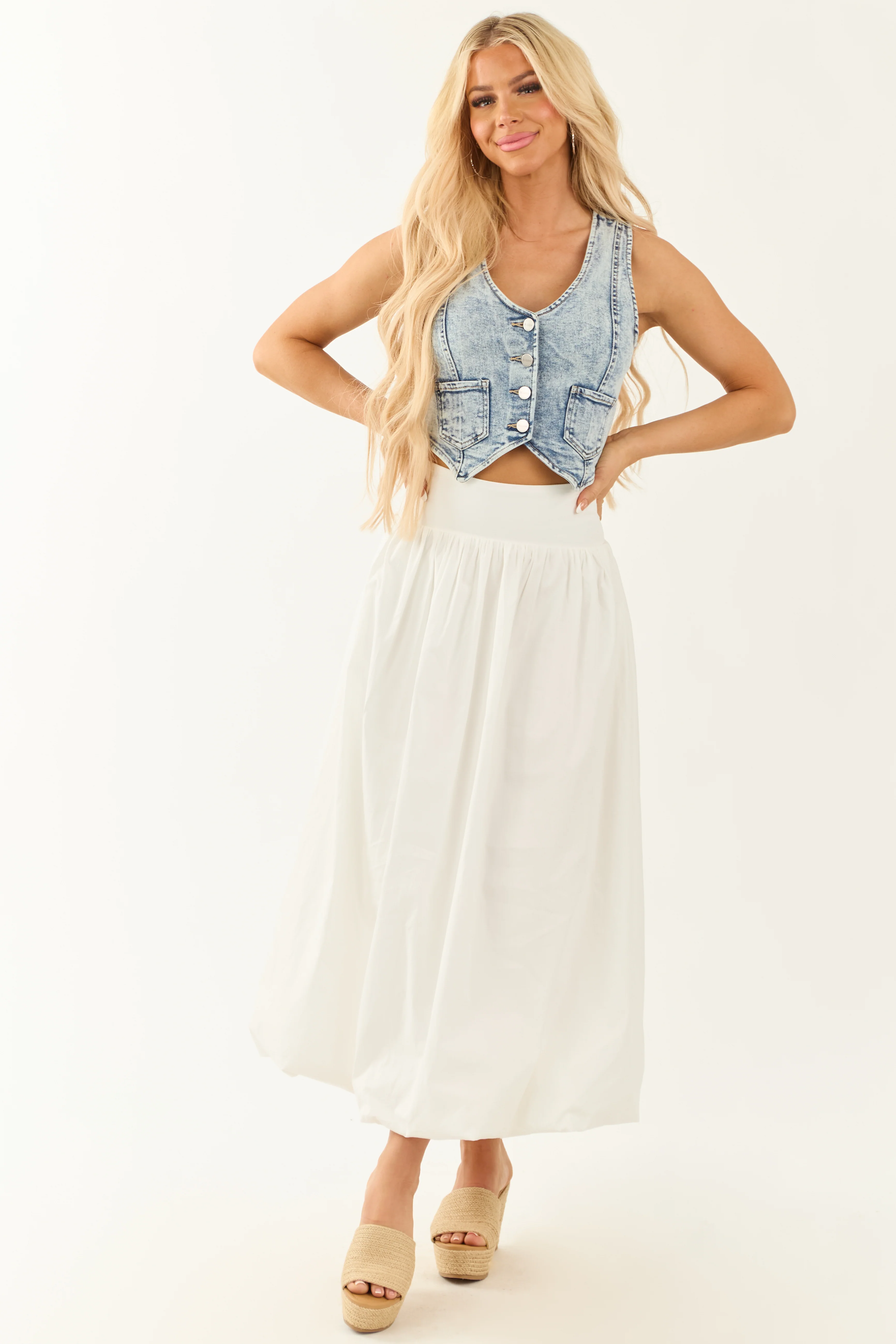 White Poplin Smocked Waist Bubble Hem Maxi Skirt - Image 6
