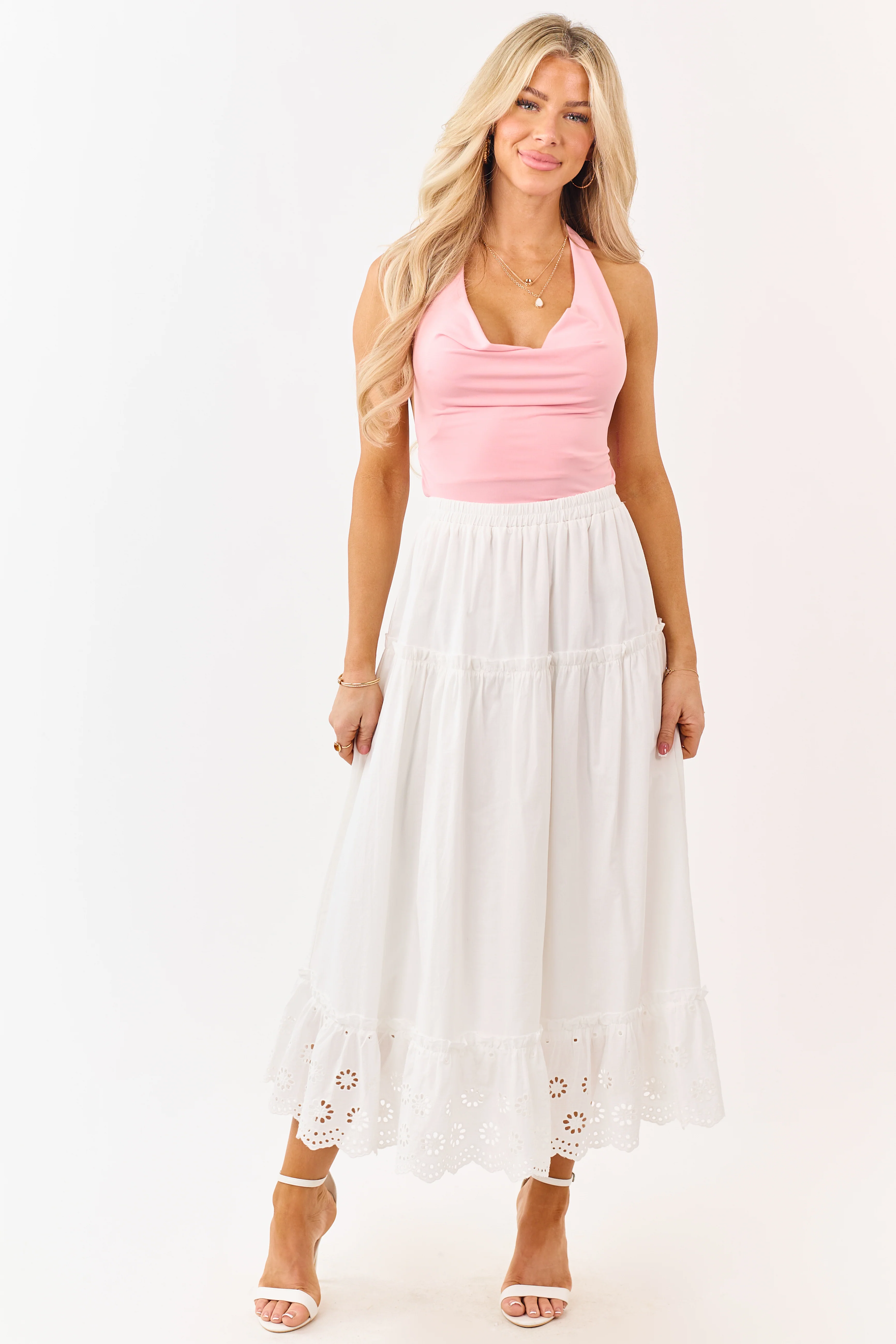 White Daisy Eyelet Hem Tiered Cotton Maxi Skirt - Image 5
