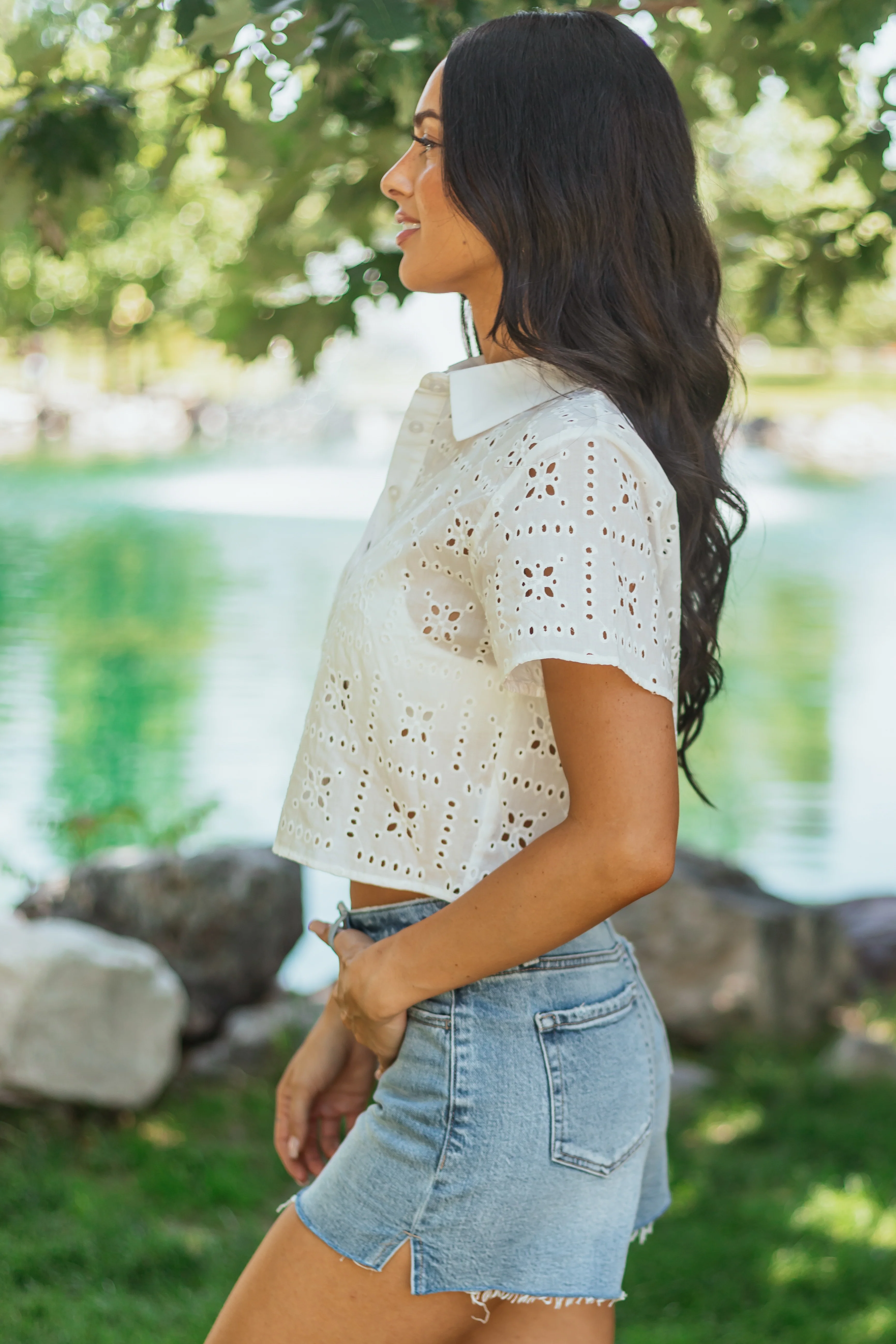 White Embroidered Eyelet Button Up Cotton Top - Image 4