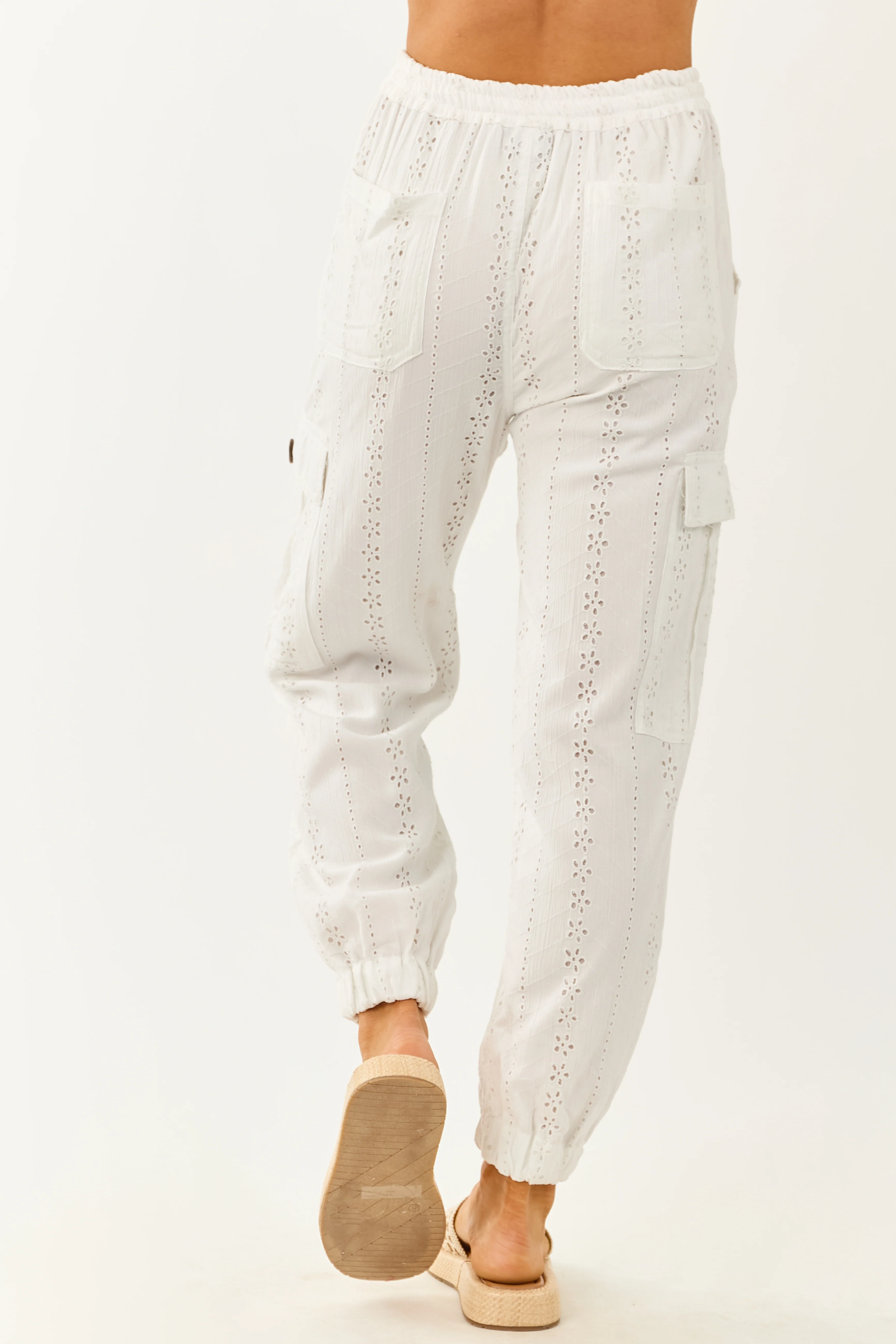 White Eyelet Lace Drawstring Cargo Jogger Pants - Image 4