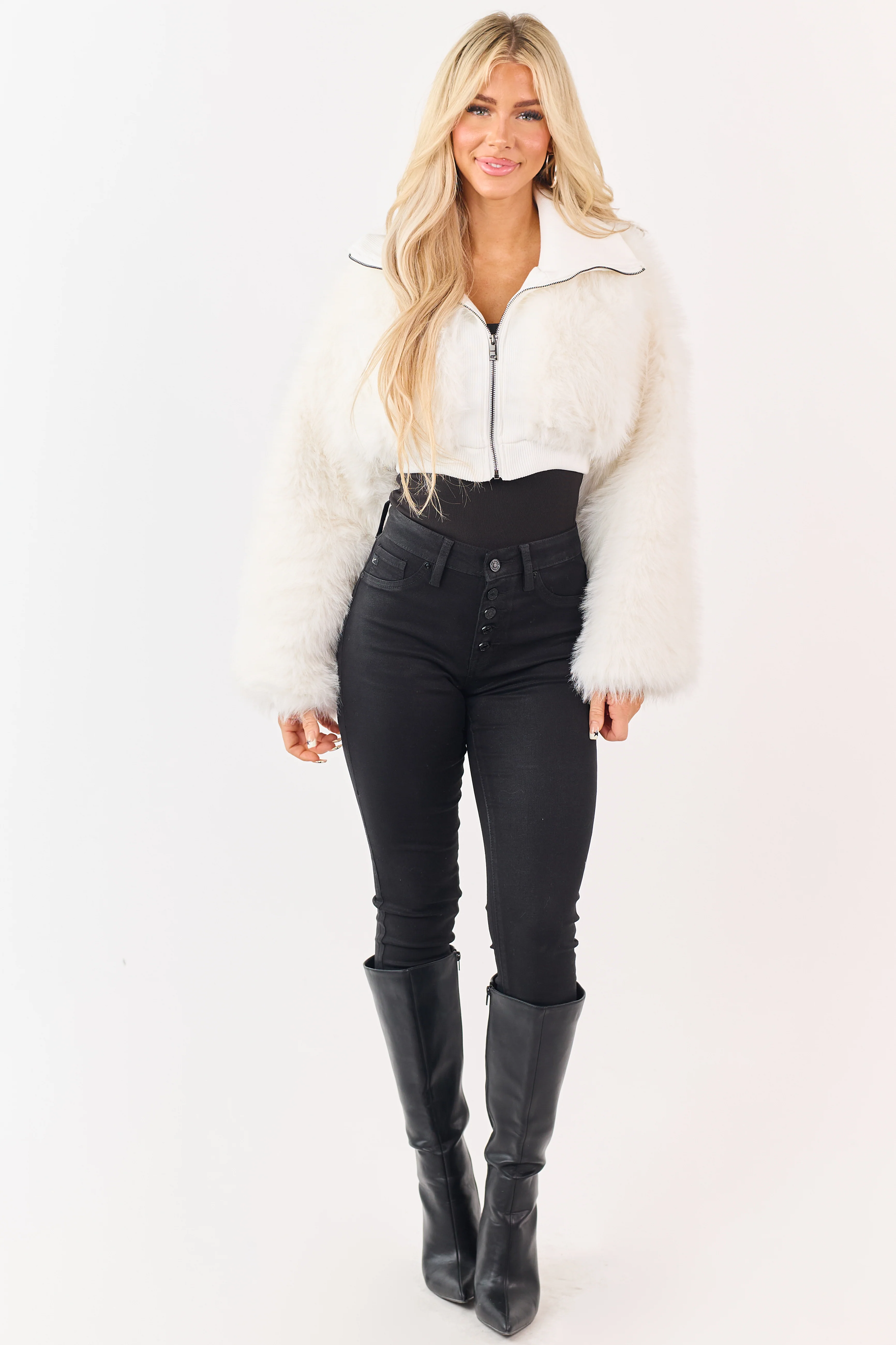 White Faux Fur Zip Up Collared Cropped Jacket - Image 7