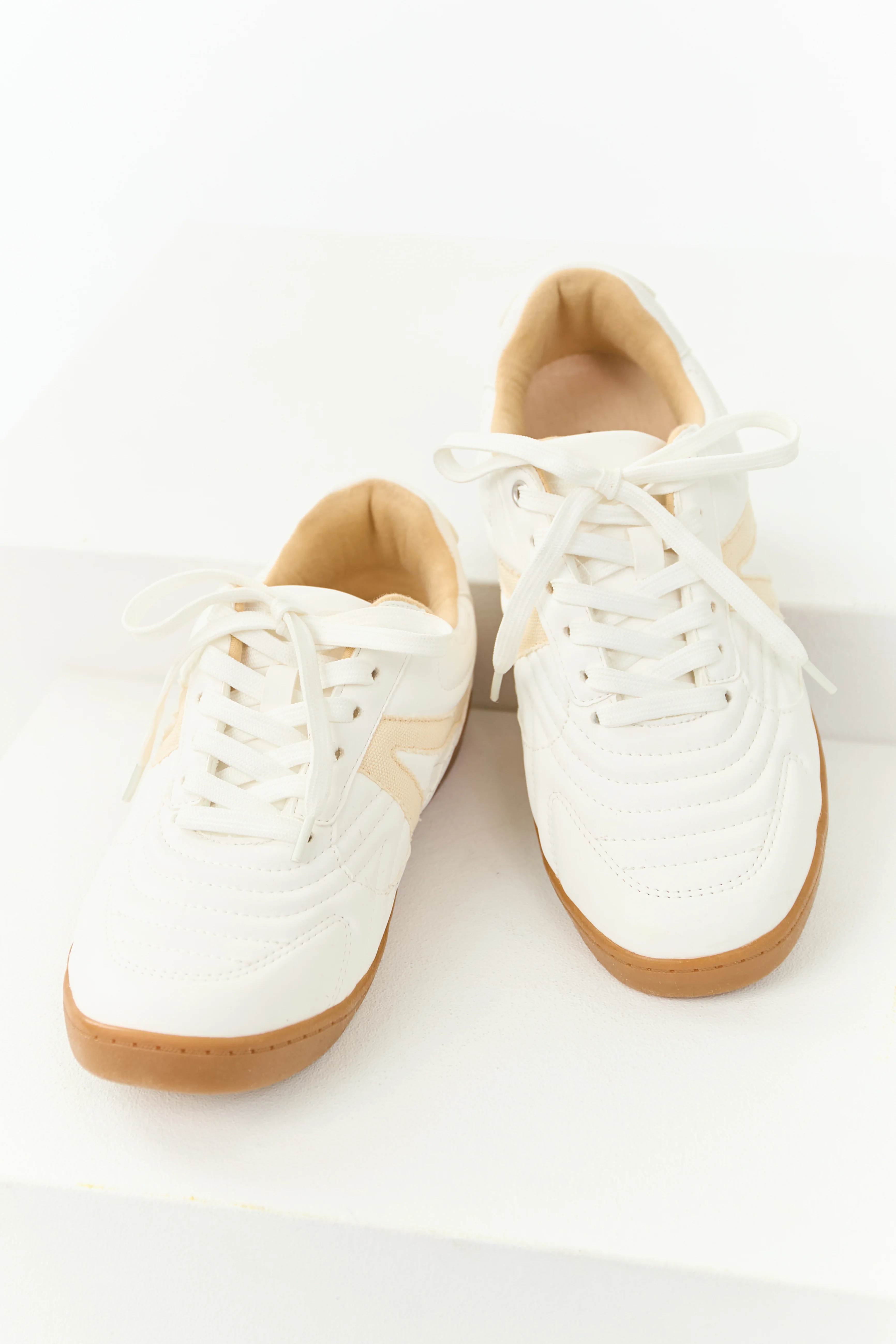 White Faux Leather Lace Up Low Top Sneakers - Image 2