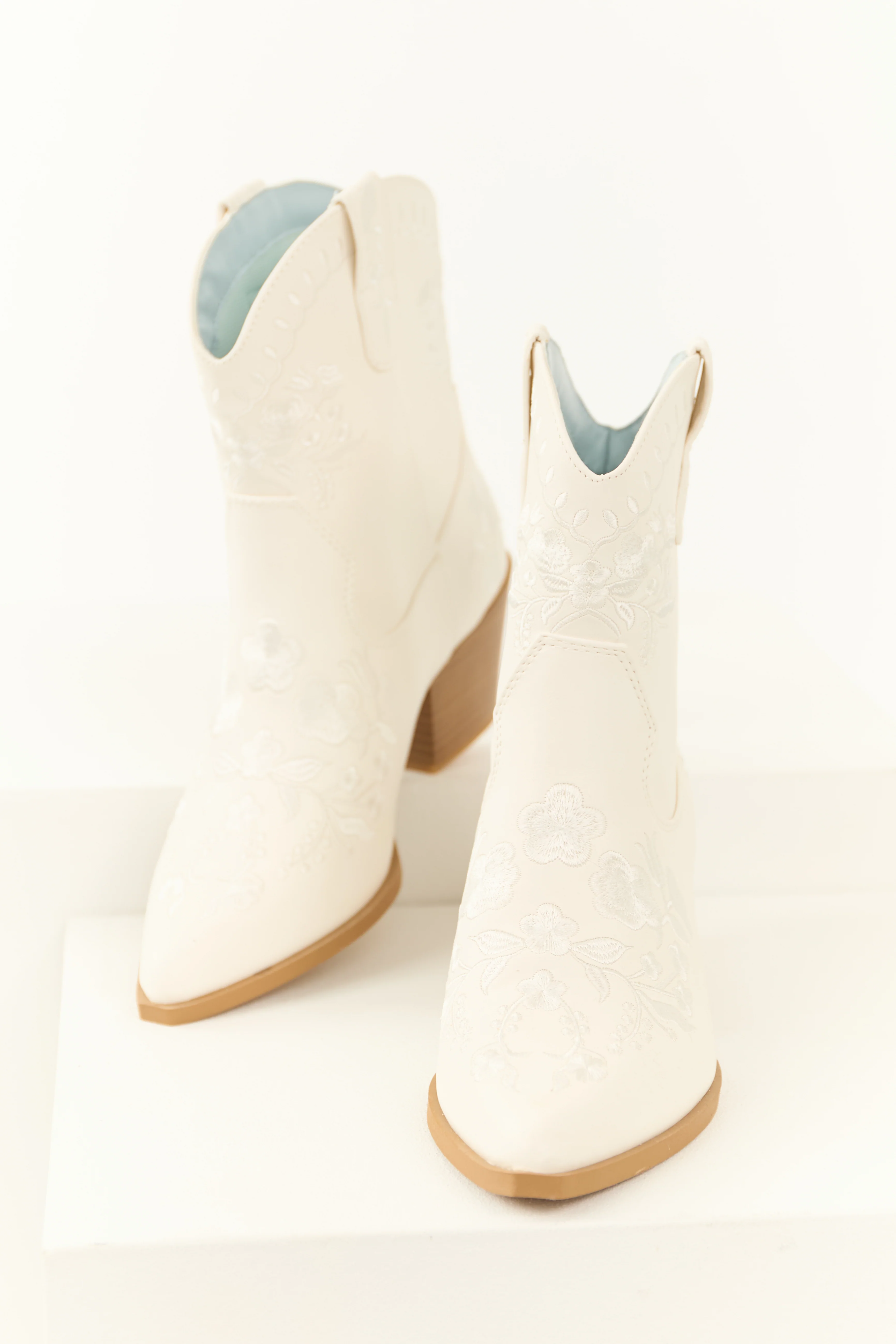 White Floral Embroidered Stacked Heel Booties - Image 2