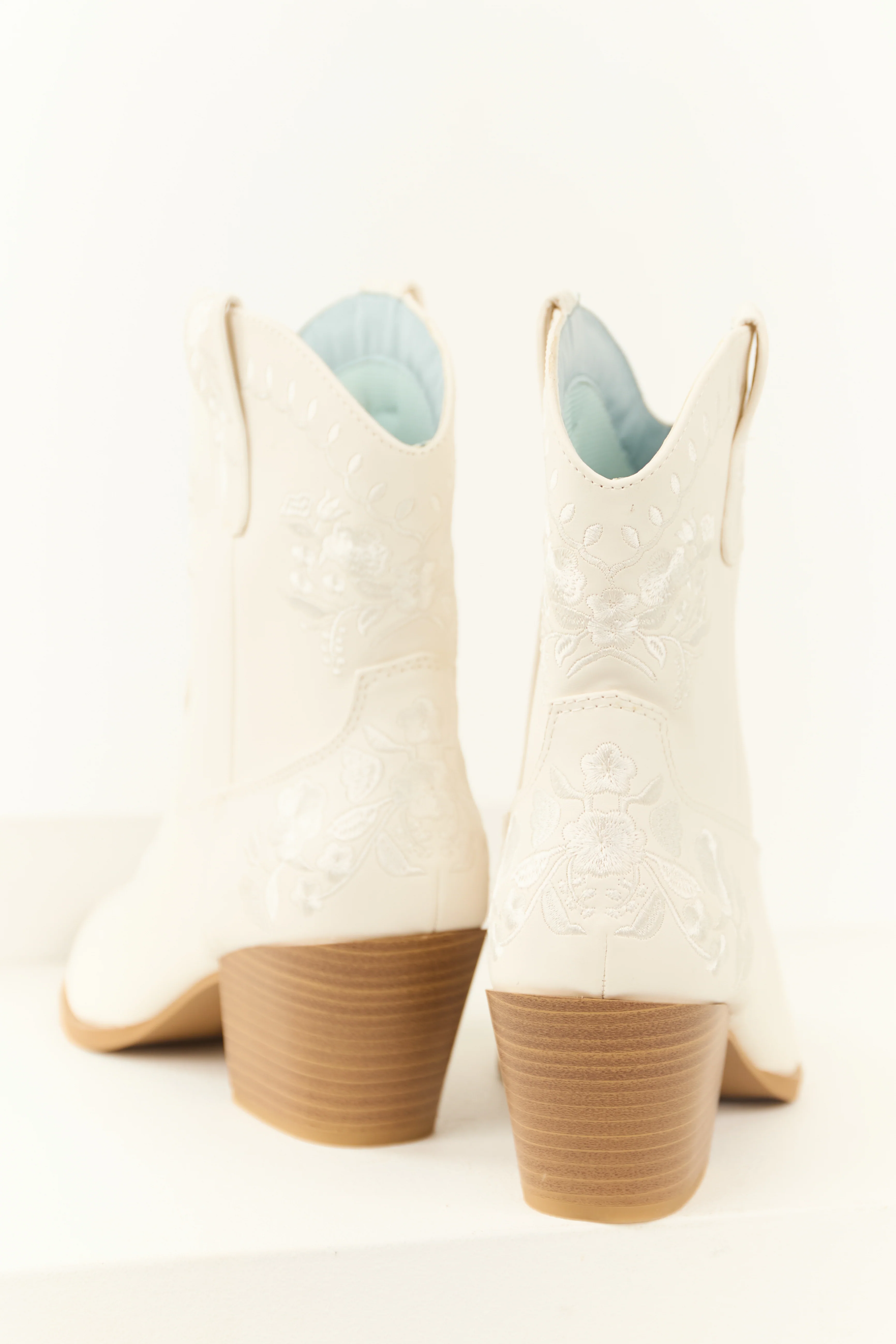 White Floral Embroidered Stacked Heel Booties - Image 3