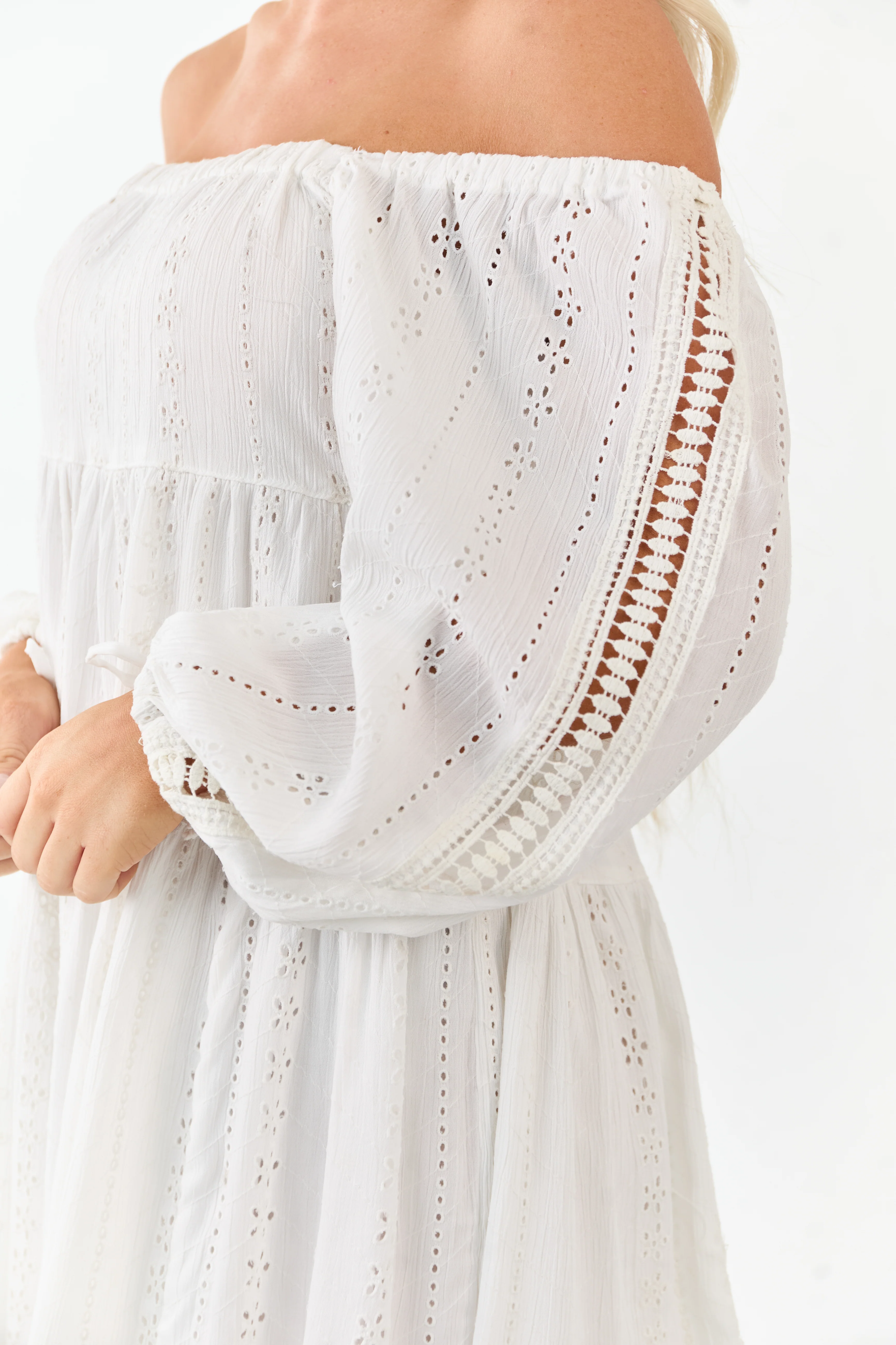 White Floral Eyelet 3/4 Puff Sleeve Mini Dress - Image 3