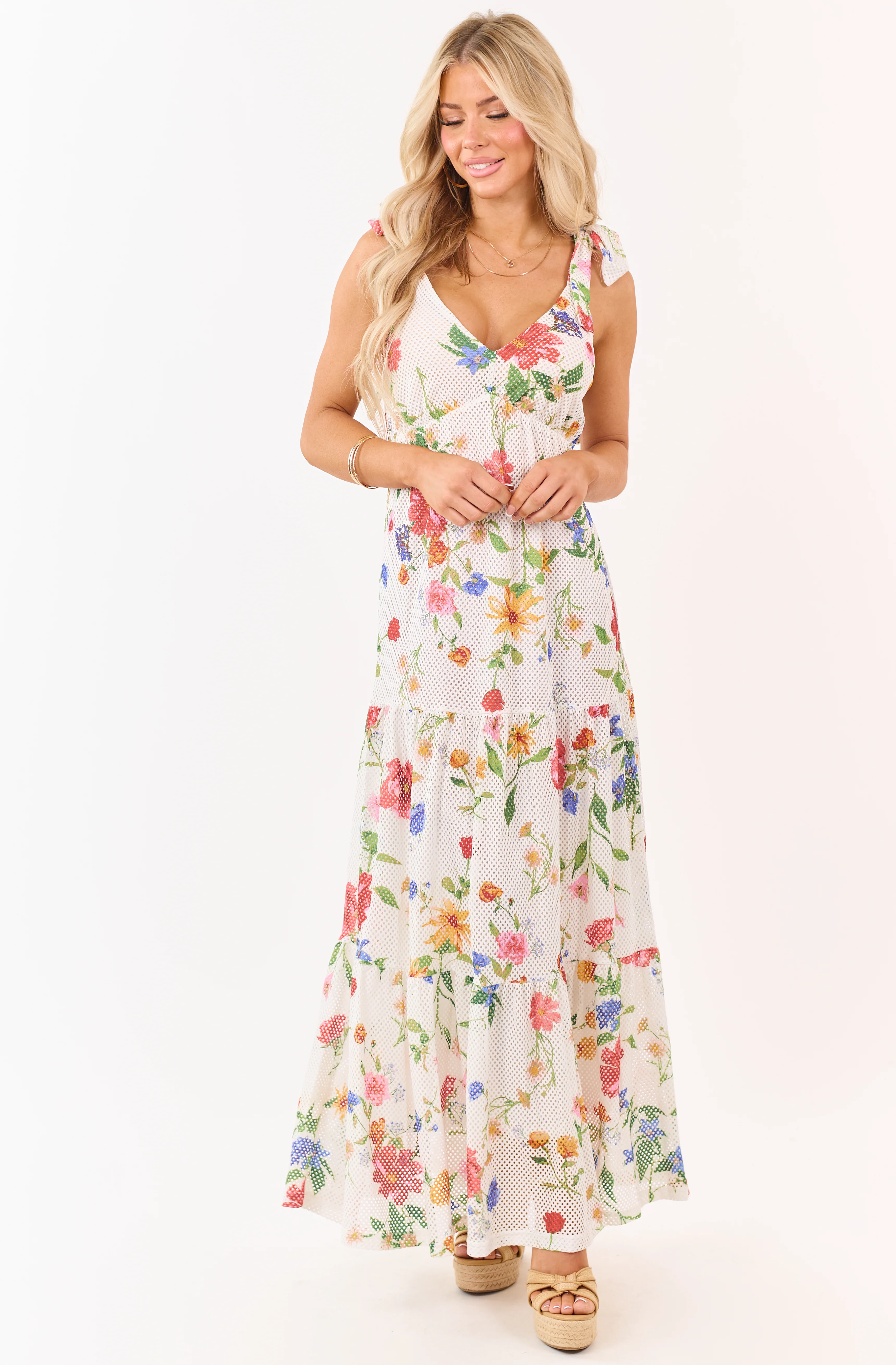 White Floral Mesh Scuba Knit Tie Strap Maxi Dress - Image 4
