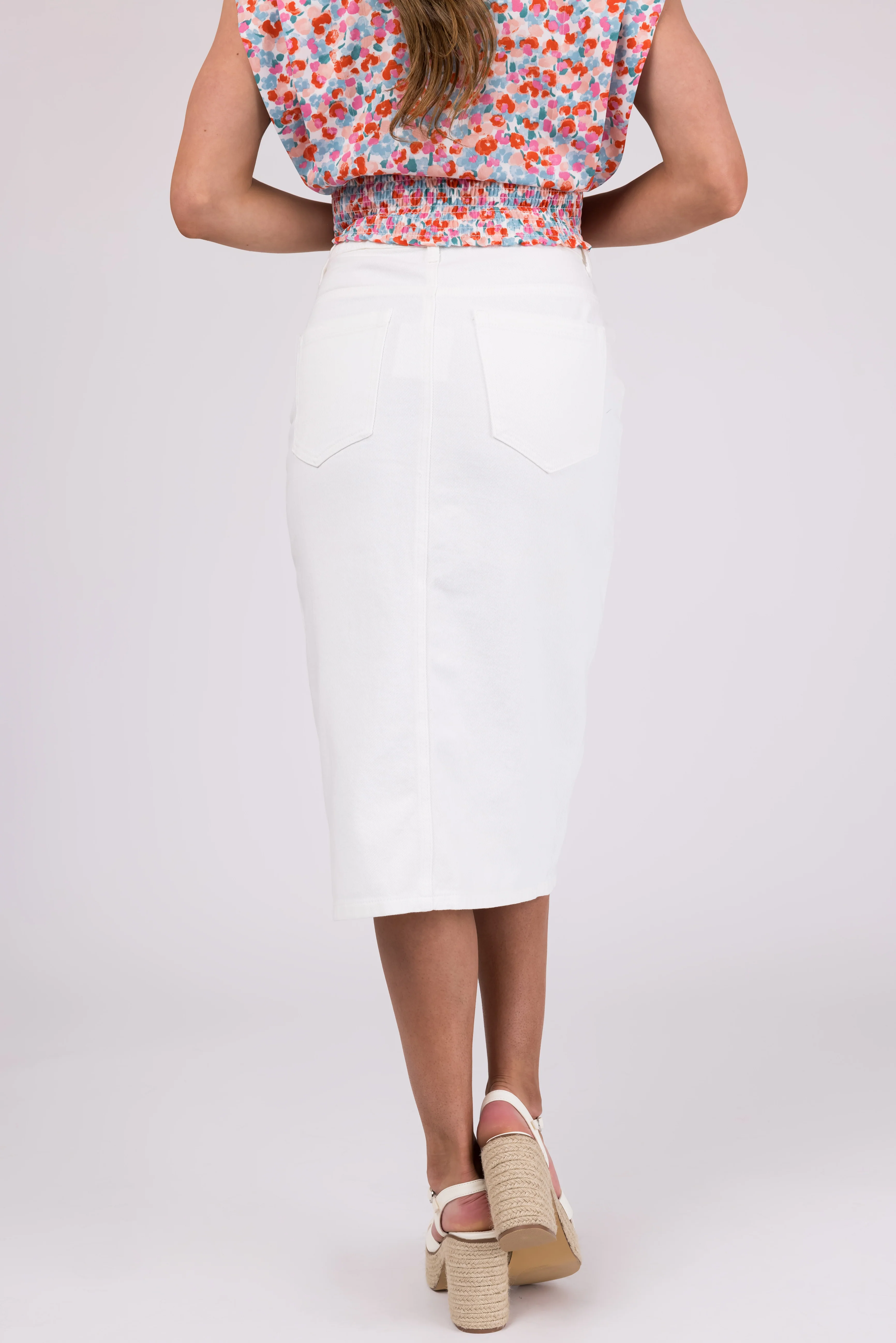 White Front Slit Denim Midi Pencil Skirt - Image 6