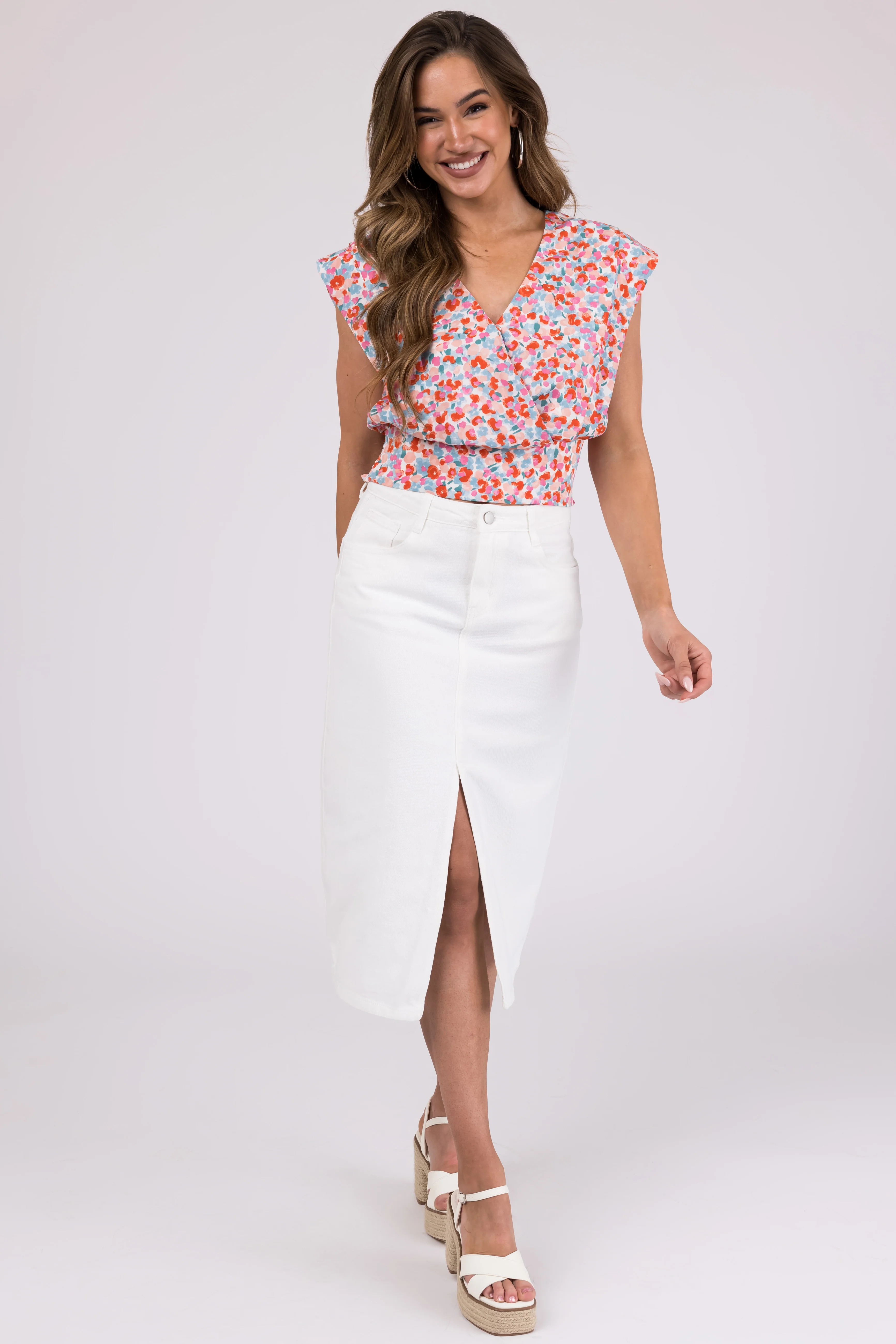 White Front Slit Denim Midi Pencil Skirt - Image 7