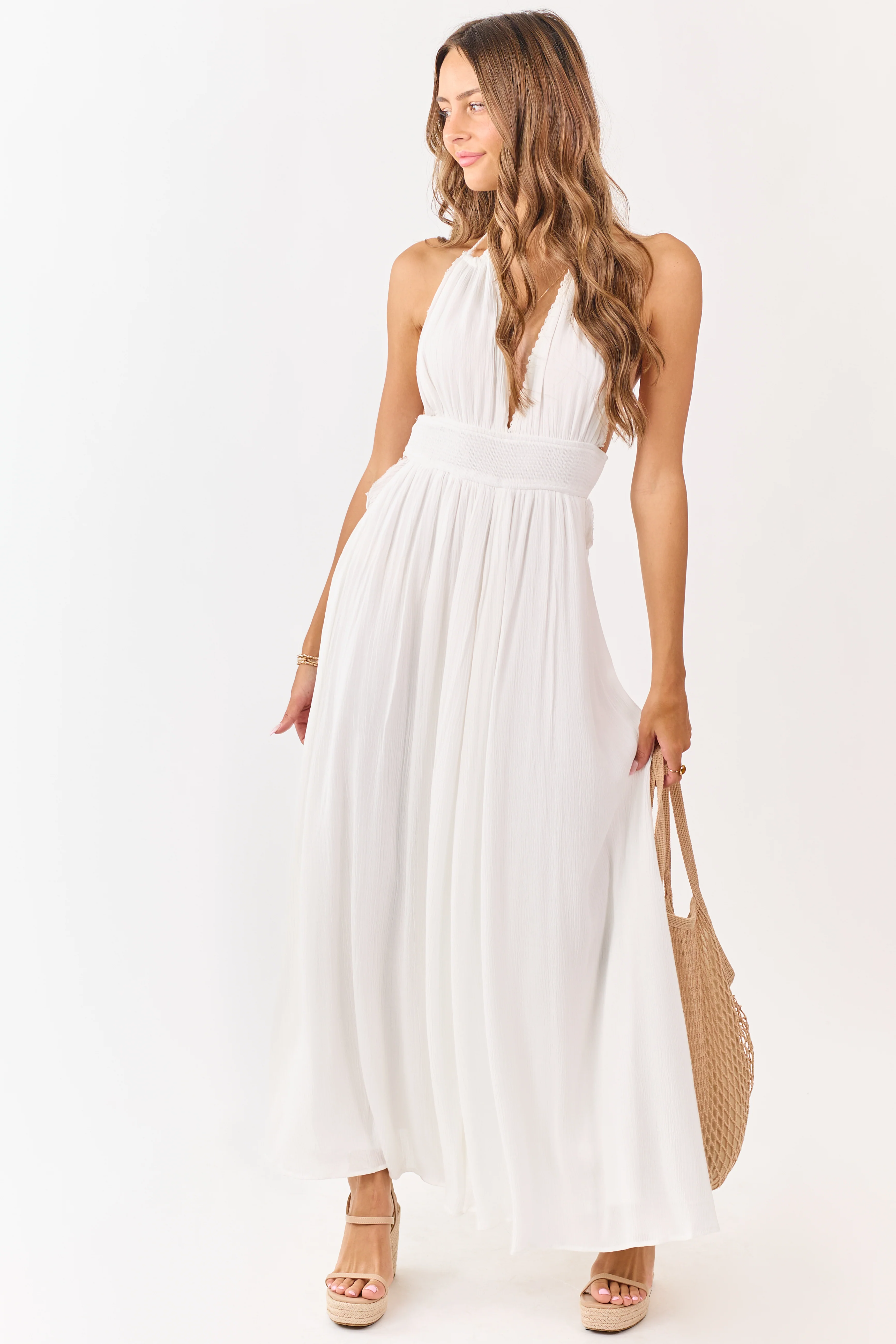 White Halter Neck Smocked Waist Maxi Dress - Image 4