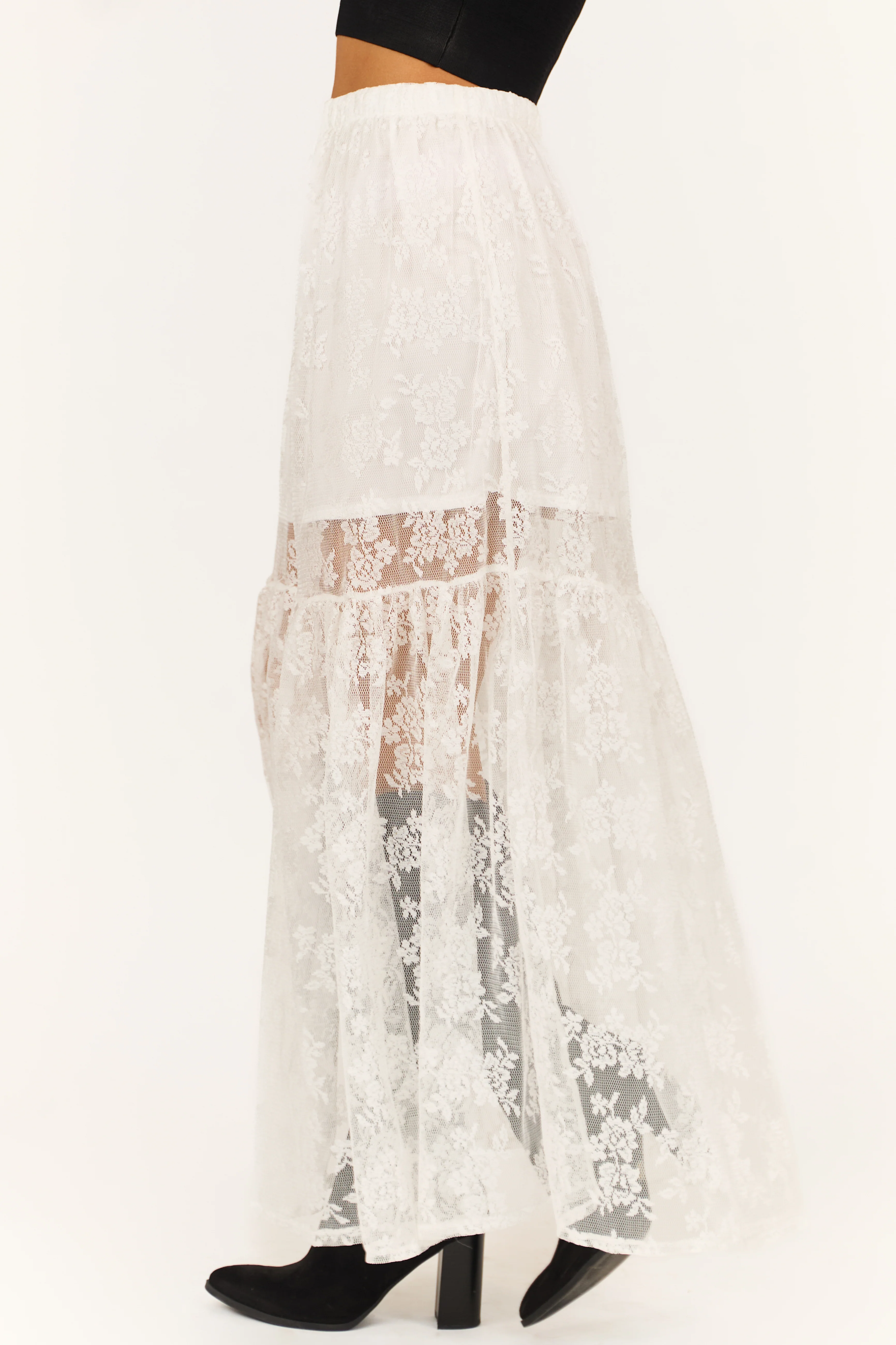 White High Waist Sheer Lace Maxi Skirt - Image 4