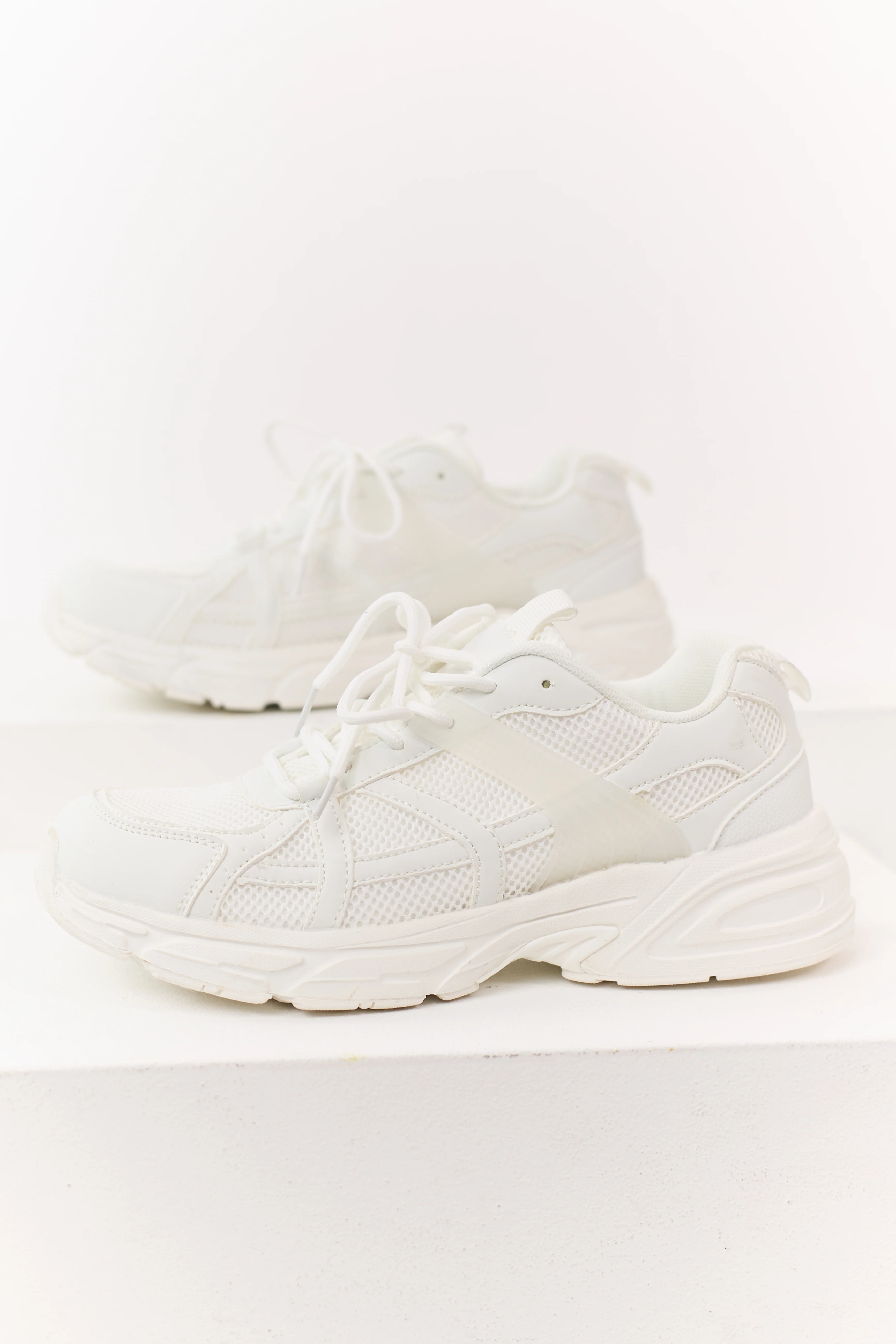 White Mesh Lug Sole Chunky Lace Up Sneakers