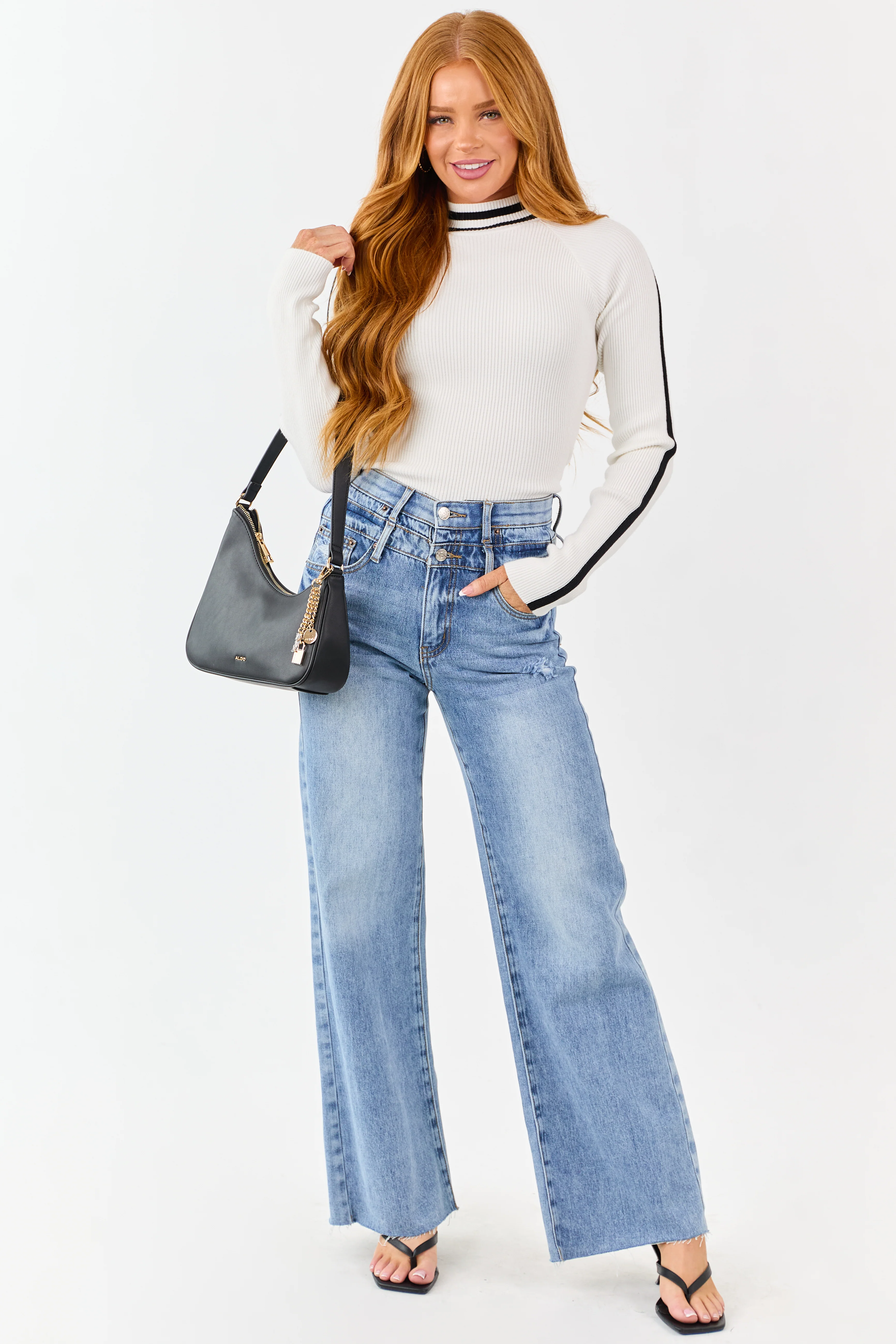 White Mock Neck Ribbed Knit Long Sleeve Bodysuit - Image 2