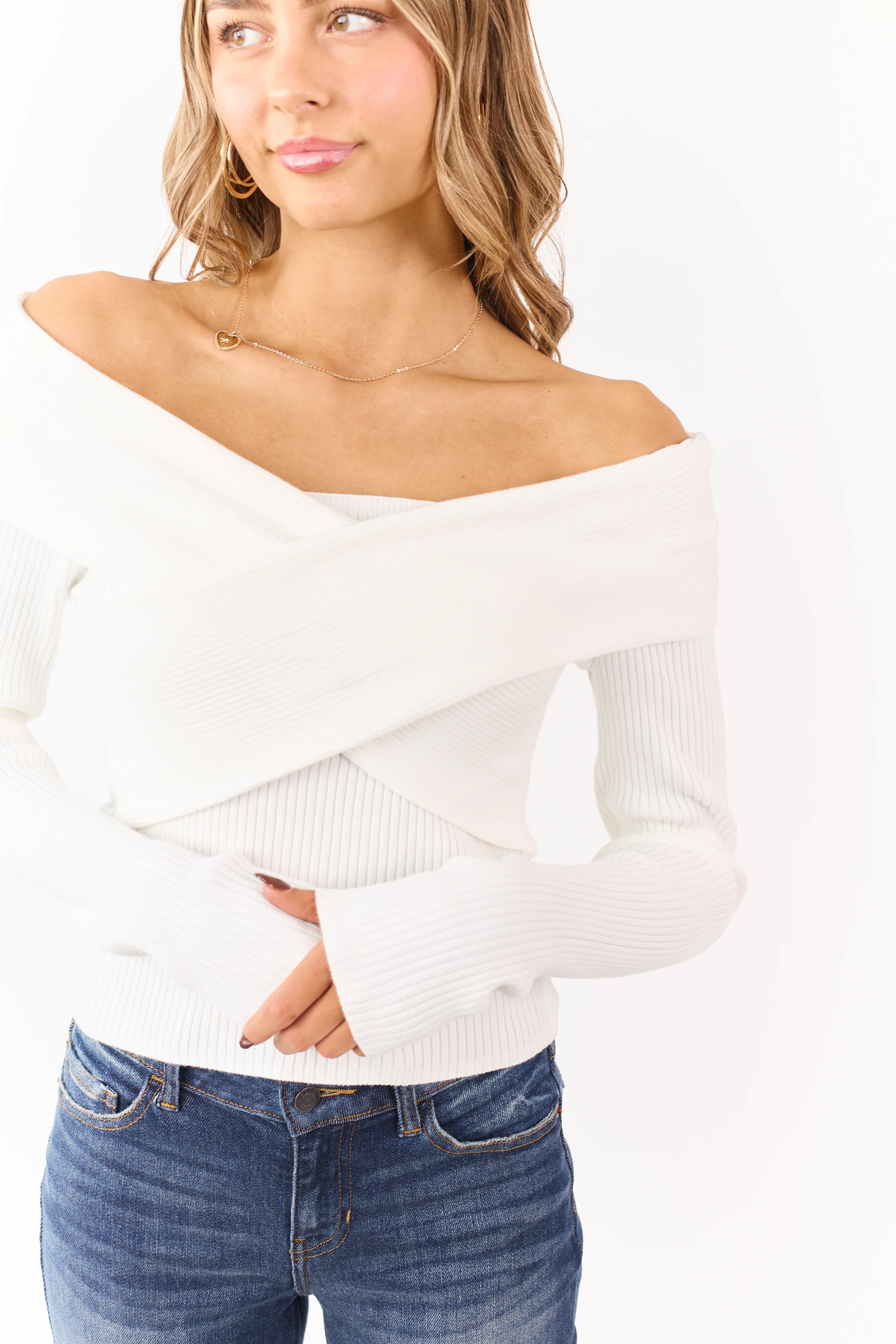 White Off Shoulder Wrap Style Rib Knit Sweater Top - Image 2
