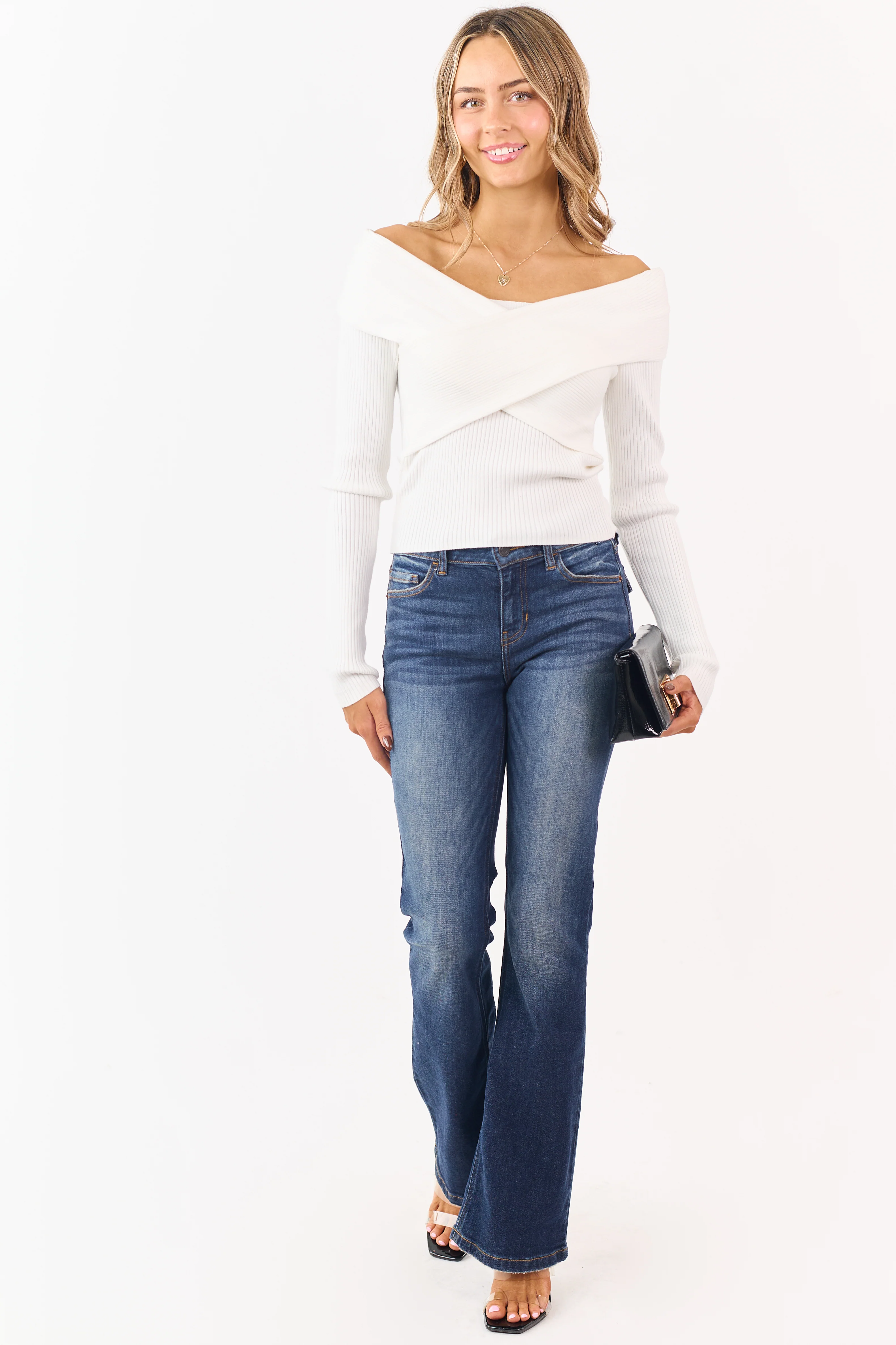 White Off Shoulder Wrap Style Rib Knit Sweater Top - Image 3