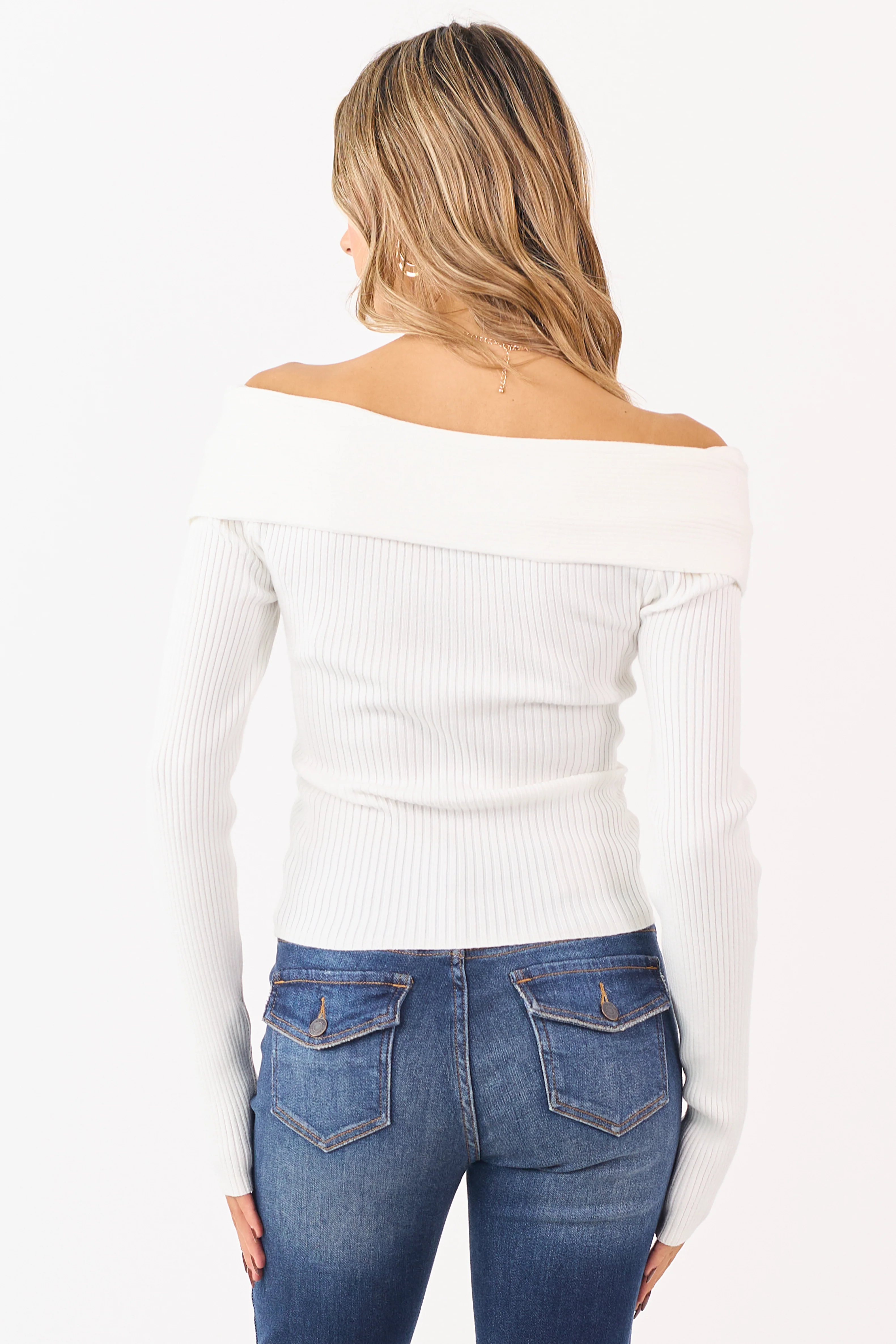 White Off Shoulder Wrap Style Rib Knit Sweater Top - Image 6