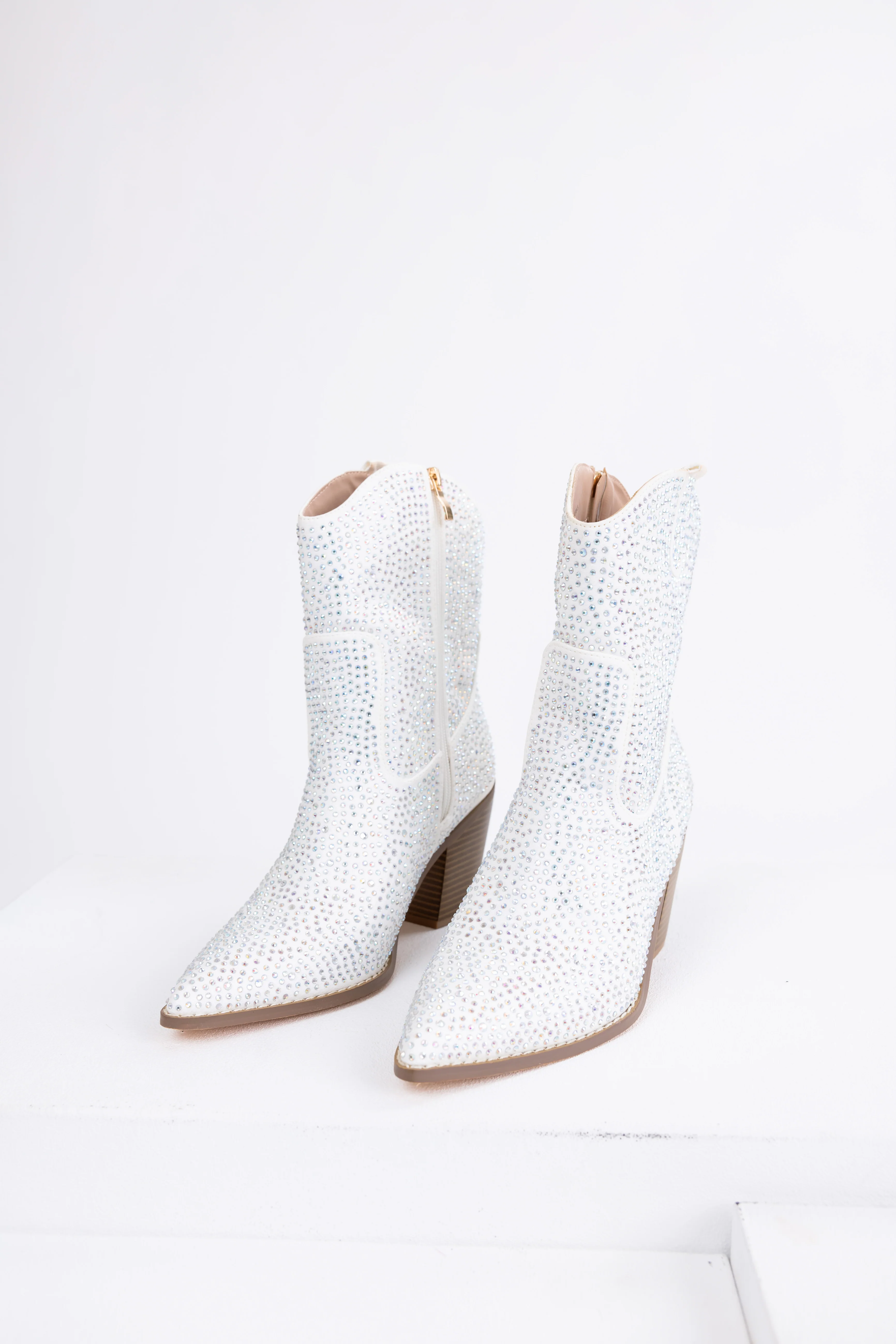 White Rhinestone Embellished Pointed Toe Booties - Image 2
