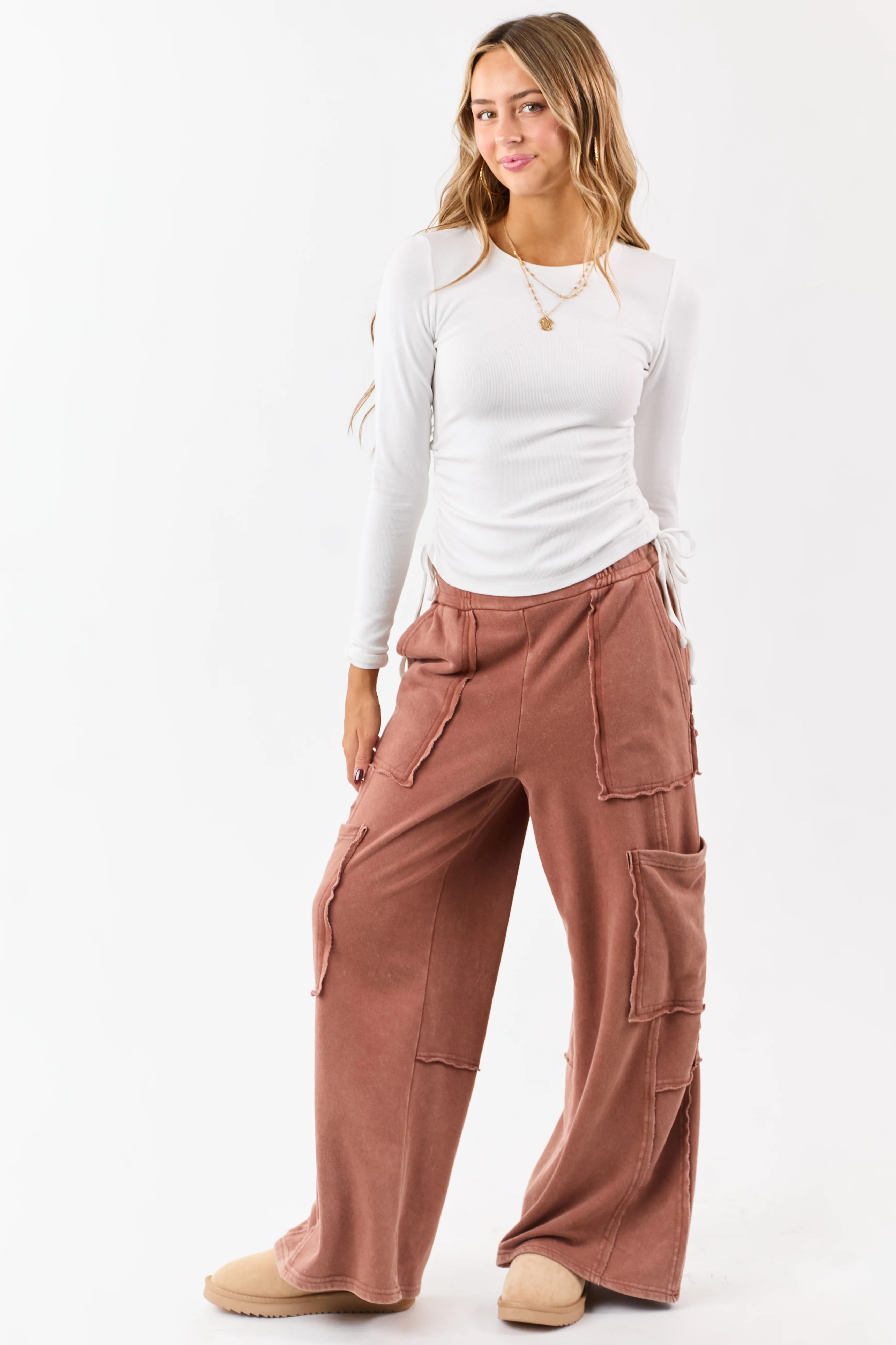 White Ruched Side Tie Long Sleeve Knit Top - Image 3