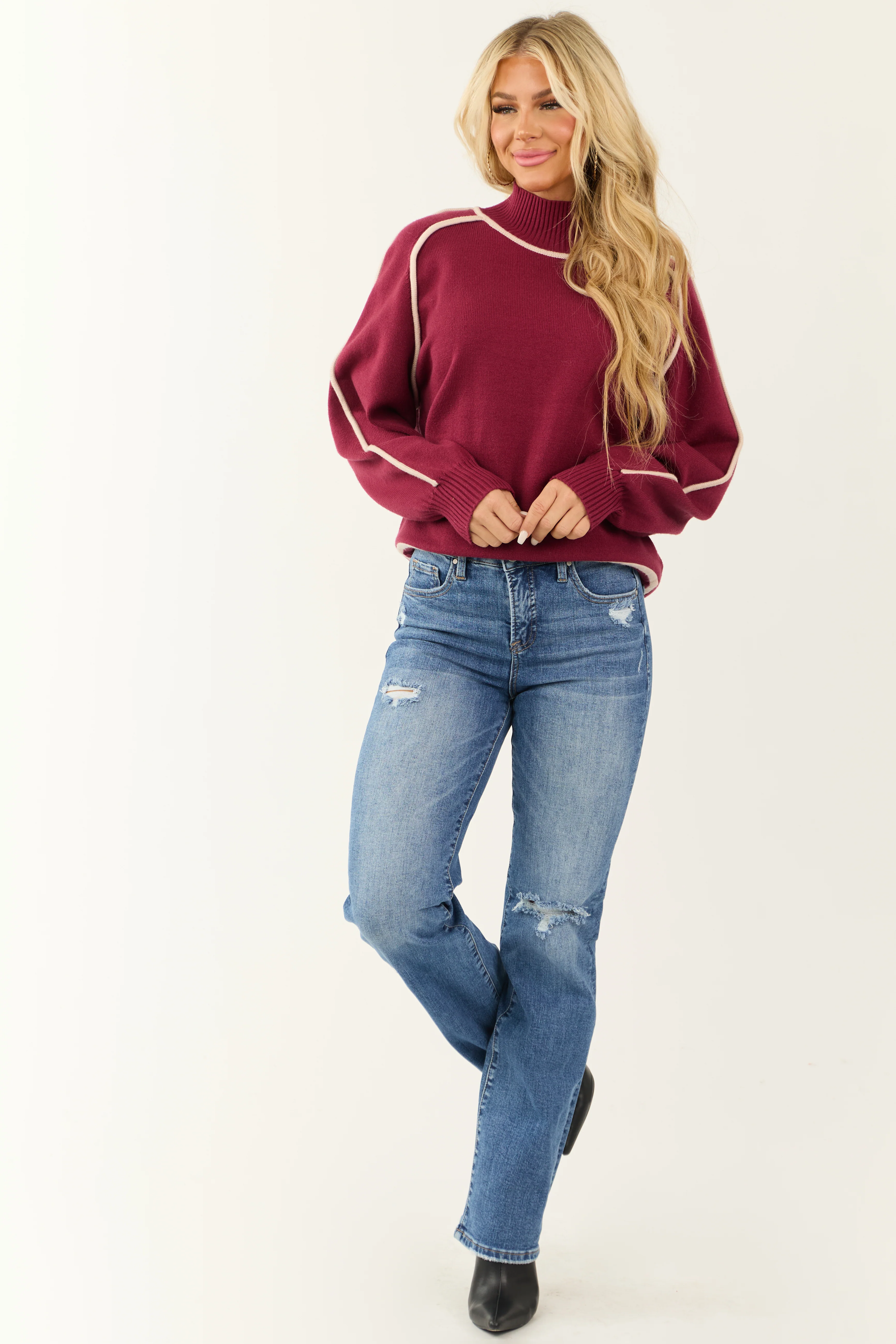 Wine Contrast Ivory Trim Mock Neck Sweater - Image 5