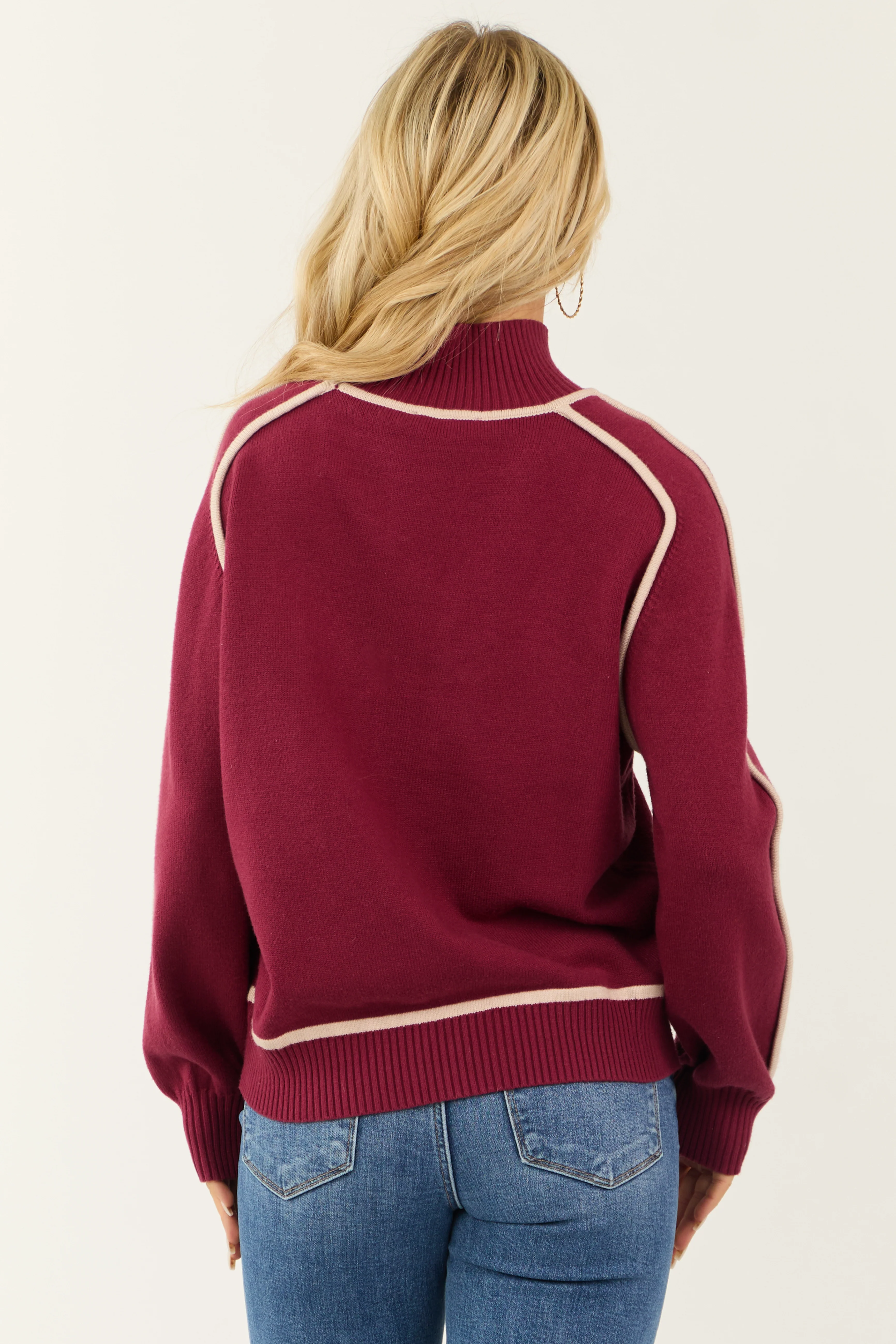 Wine Contrast Ivory Trim Mock Neck Sweater - Image 7