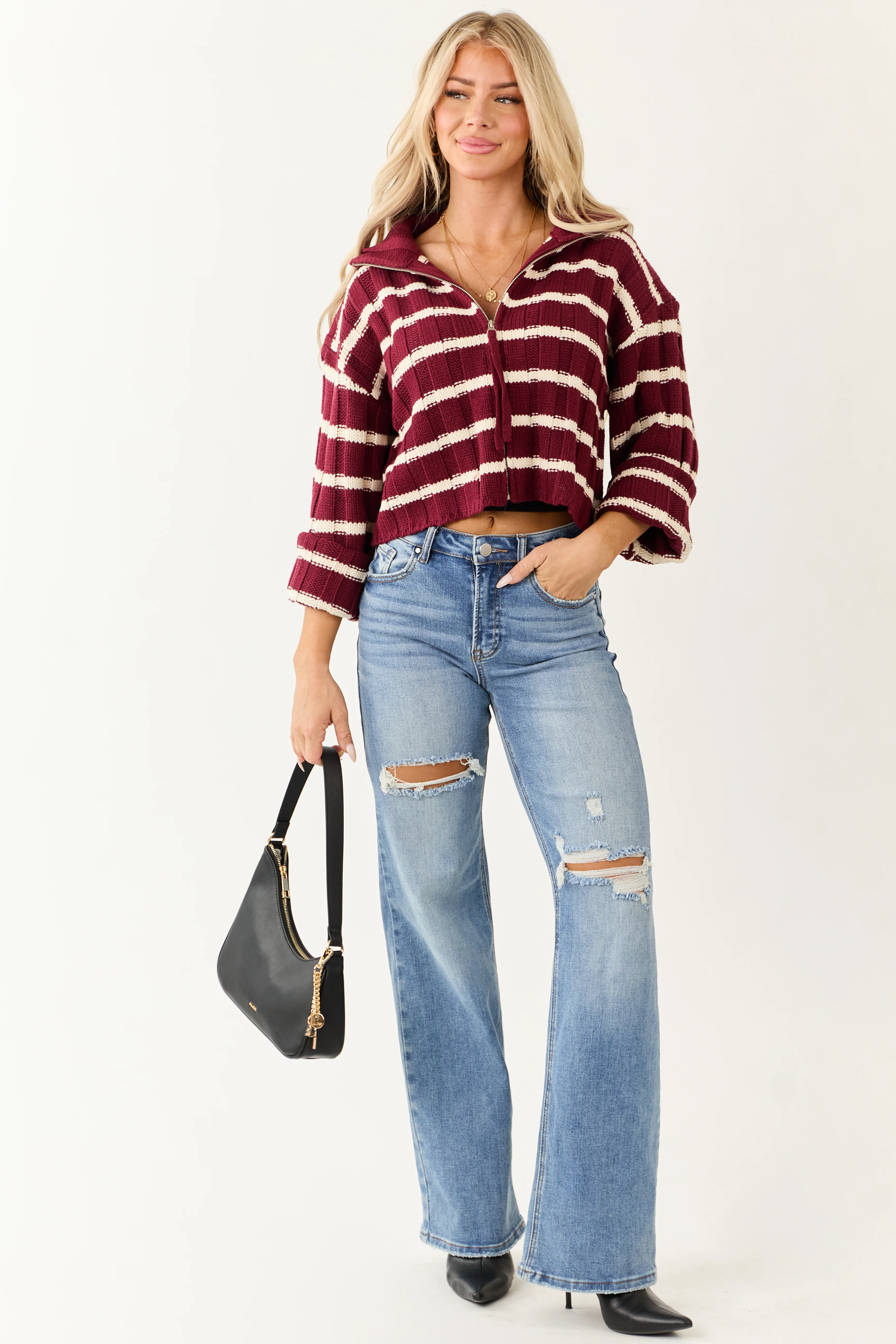 Wine and Cream Striped Zip Up Sweater Jacket - Image 2