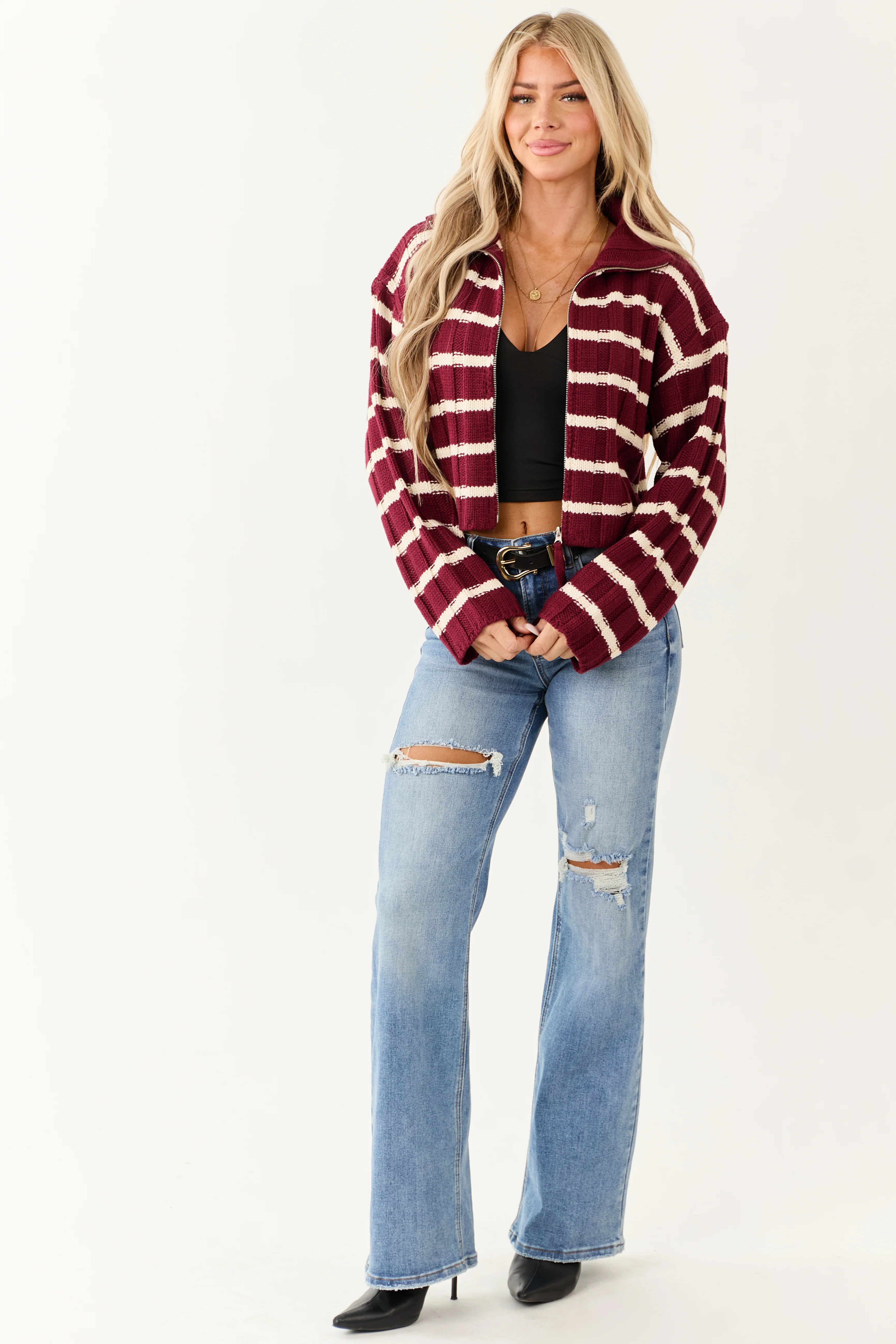 Wine and Cream Striped Zip Up Sweater Jacket - Image 3