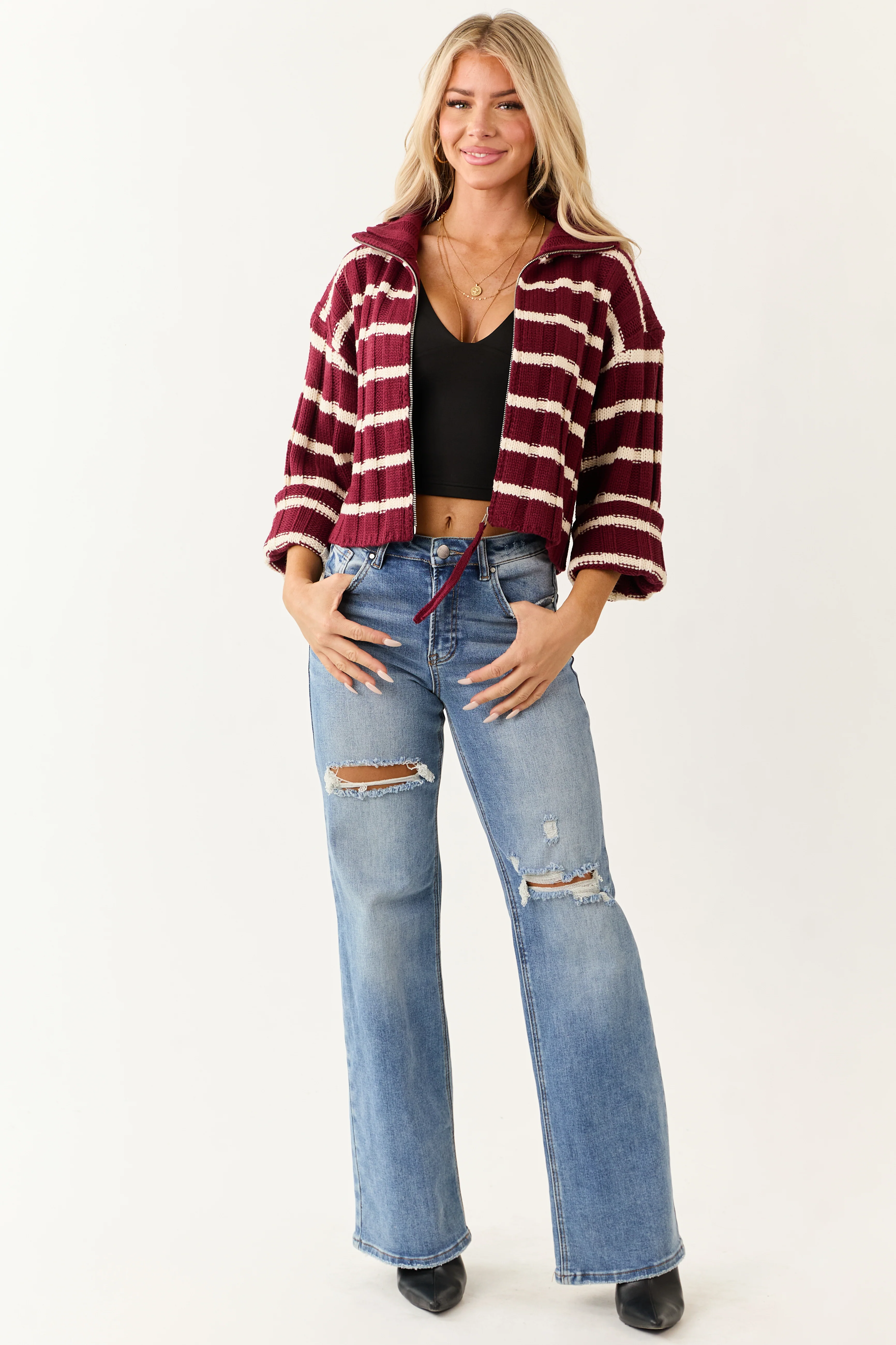 Wine and Cream Striped Zip Up Sweater Jacket - Image 4