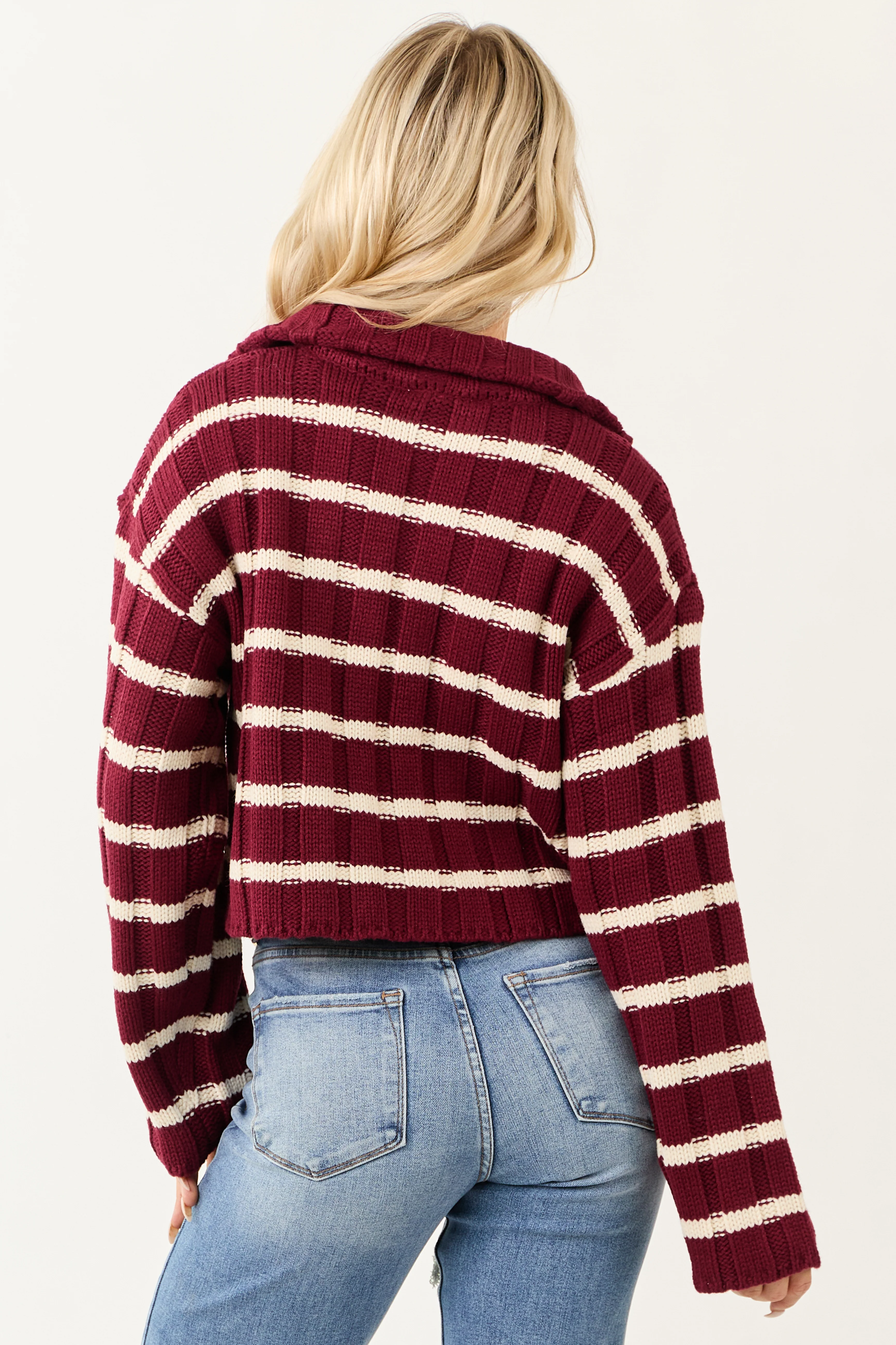 Wine and Cream Striped Zip Up Sweater Jacket - Image 6