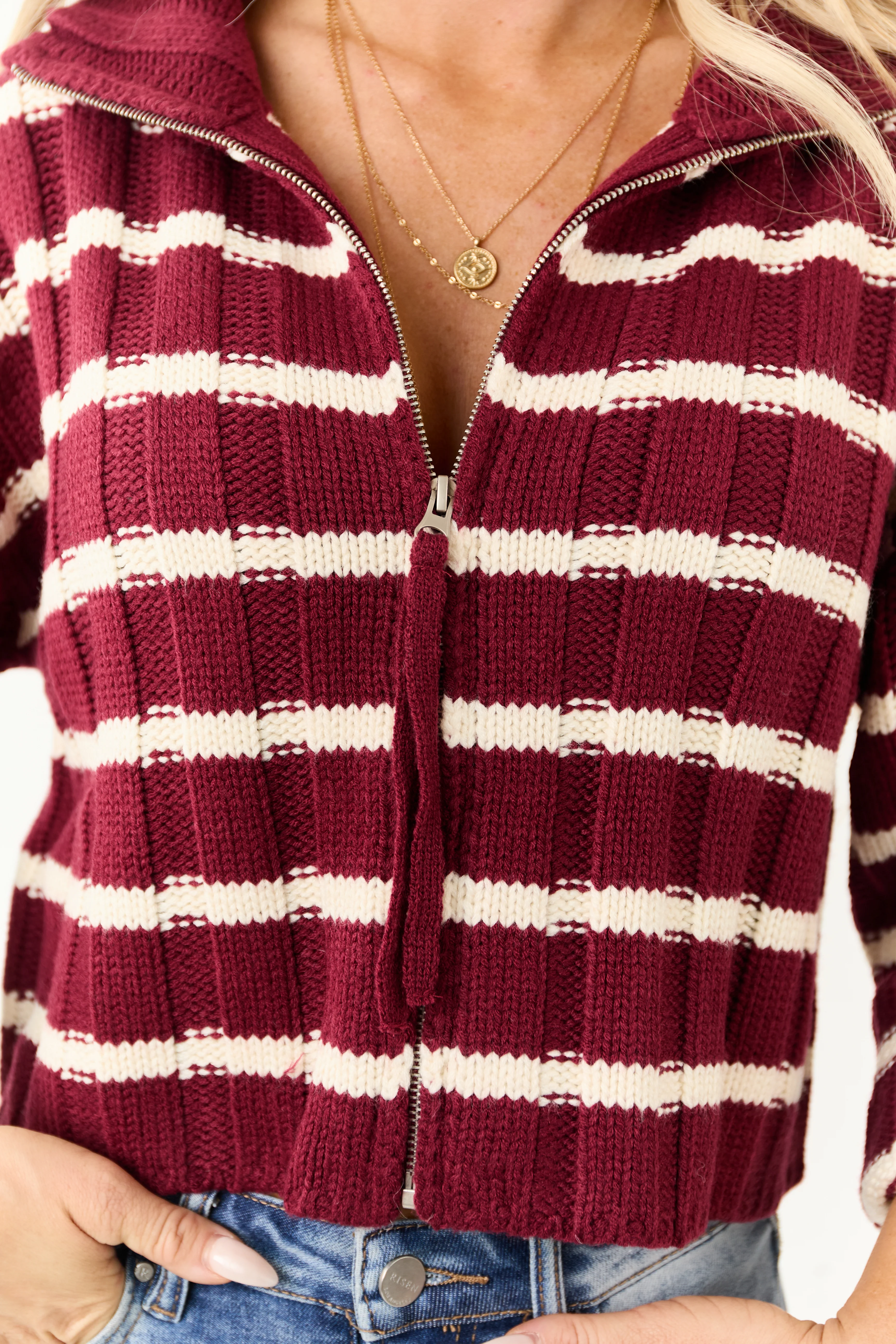 Wine and Cream Striped Zip Up Sweater Jacket - Image 7