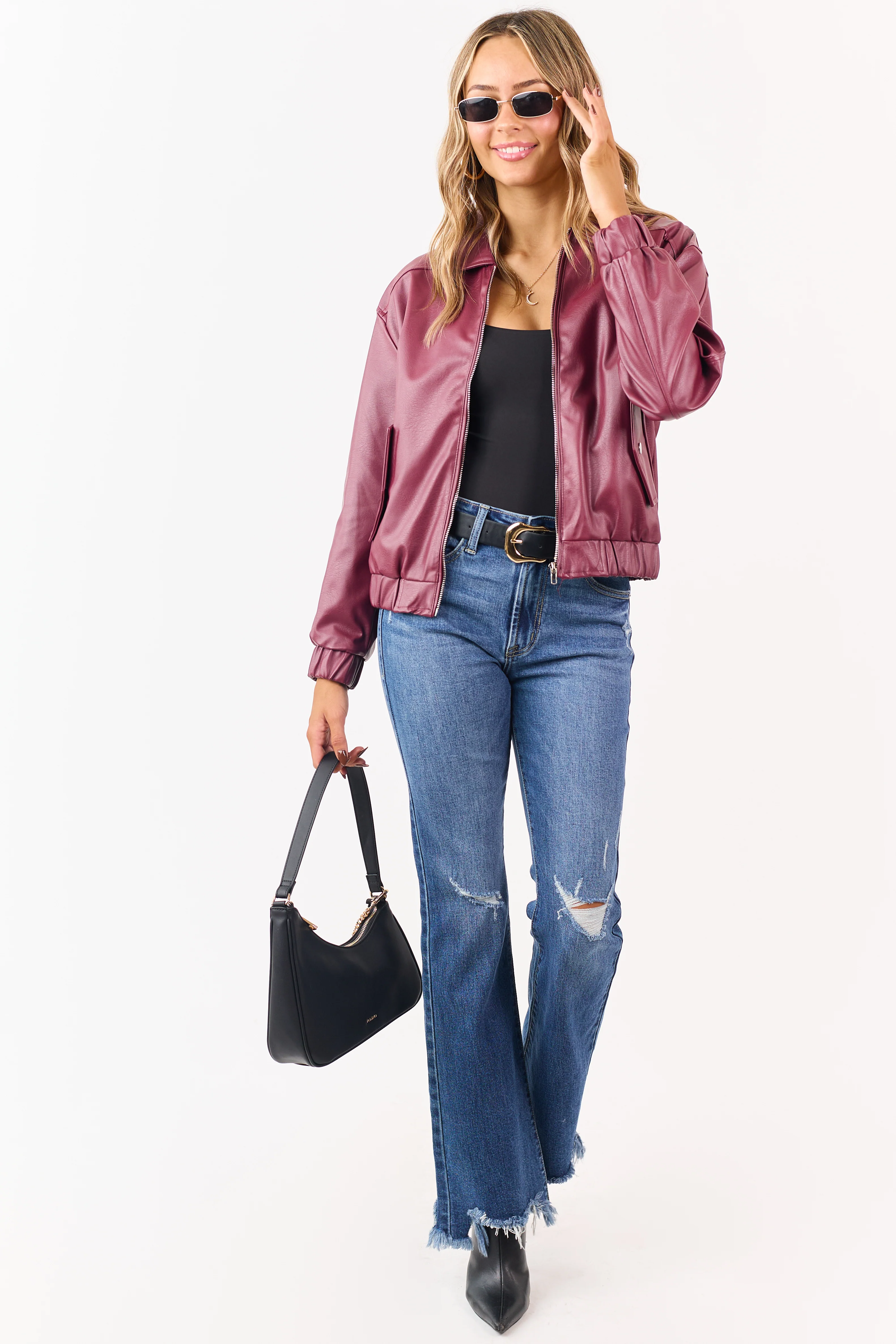Wine Crinkle Faux Leather Zip Up Bomber Jacket - Image 3